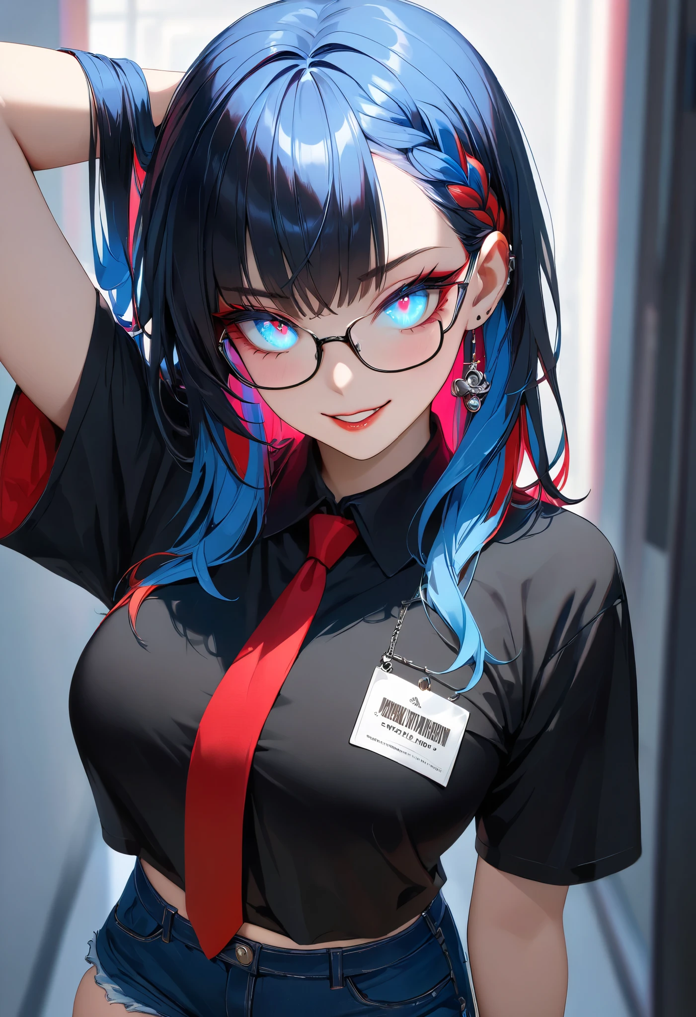 pop art style, black t-shirt, biting lip, pop punk gamer style, hand in hair, waist bend, tummy, denim shorts, stockings, beautiful blue eyes, business glasses, red tie, streaked hair, multicolored hair, colored inner hair, braid, glowing eyes, makeup, light smile, depth of field, blurry, accurate, masterpiece, retina, textured skin, super detail, high details, high quality, award winning, best quality, highres, 1080P, HD, 4K, 8k, 16k,, (highest quality, High definition: 1.2). (perfect details: 1.1), (beautiful and clean background: 1.2), (extremely detailed CG, ultra detailed, best shadow: 1.1), (exquisitely rendered beautiful eyes), (full-length 1.1)