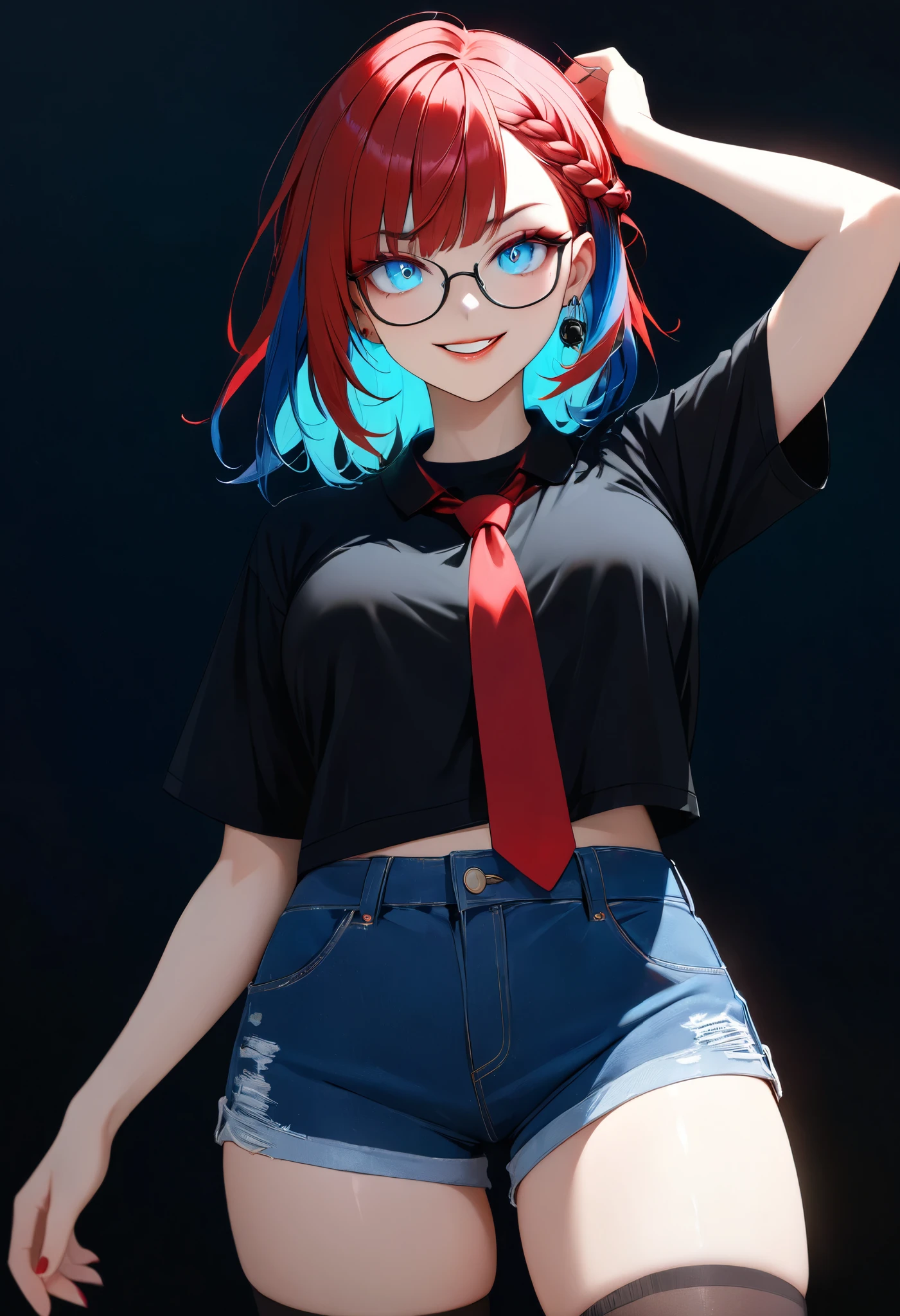 pop art style, black t-shirt, biting lip, pop punk gamer style, hand in hair, waist bend, tummy, denim shorts, stockings, beautiful blue eyes, business glasses, red tie, streaked hair, multicolored hair, colored inner hair, braid, glowing eyes, makeup, light smile, depth of field, blurry, accurate, masterpiece, retina, textured skin, super detail, high details, high quality, award winning, best quality, highres, 1080P, HD, 4K, 8k, 16k,, (highest quality, High definition: 1.2). (perfect details: 1.1), (beautiful and clean background: 1.2), (extremely detailed CG, ultra detailed, best shadow: 1.1), (exquisitely rendered beautiful eyes), (full-length 1.1)