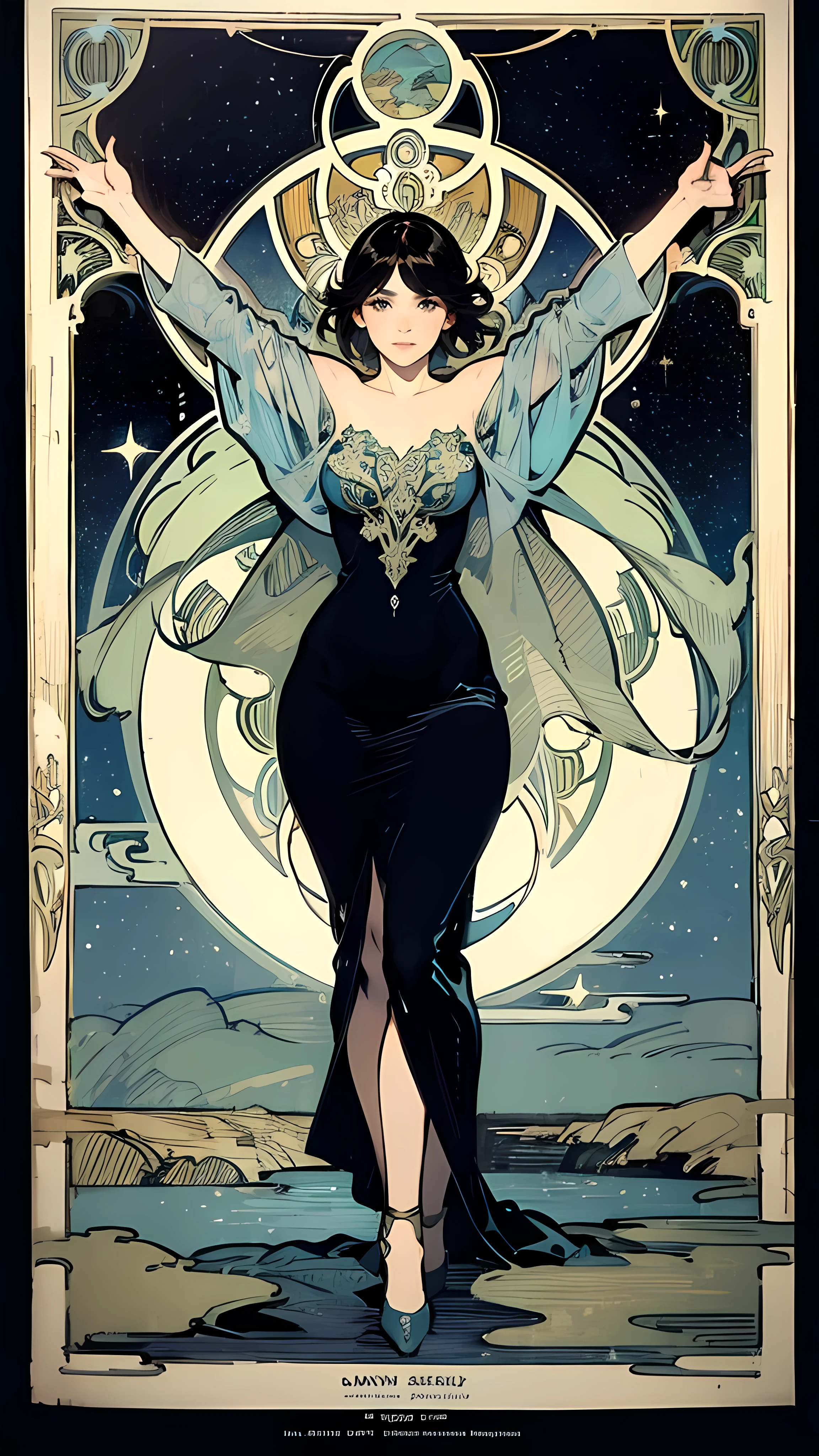  detailed background、Alphonse Mucha style、 art nouveau 、 Cosmic Truths、 starry sky 、Night sea、masterpiece、 best quality 、 Highest Image Quality、Careful line drawing、 vintage color 、 colorful 、 one woman 、 anatomically correct、 Depth of Written Border、 flat shaded 、whole body、With open arms、 Empty Expressions 、 perfect face、 black hair、Gorgeous party dress in natural colors
