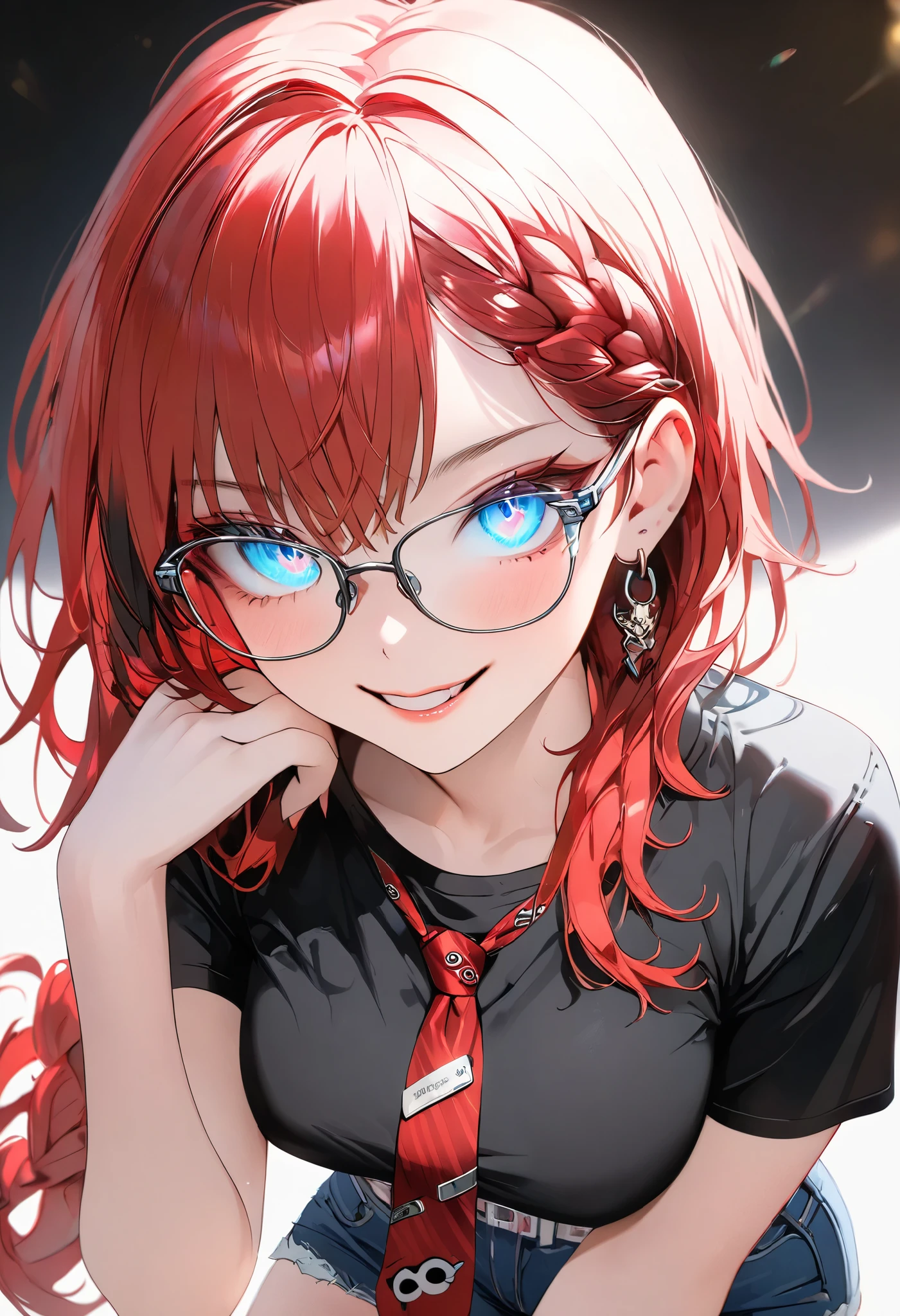 pop art style, black t-shirt, biting lip, pop punk gamer style, hand in hair, waist bend, tummy, denim shorts, stockings, beautiful blue eyes, business glasses, red tie, streaked hair, multicolored hair, colored inner hair, braid, glowing eyes, makeup, light smile, depth of field, blurry, accurate, masterpiece, retina, textured skin, super detail, high details, high quality, award winning, best quality, highres, 1080P, HD, 4K, 8k, 16k,, (highest quality, High definition: 1.2). (perfect details: 1.1), (beautiful and clean background: 1.2), (extremely detailed CG, ultra detailed, best shadow: 1.1), (exquisitely rendered beautiful eyes), (full-length 1.1)