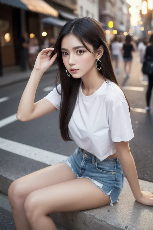Beauty、Cute person、beautiful、Young face、Detailed face、Summer festival、Festivals、night、Lined with food stalls、Has bangs、T-Shirts、Leaning forward、whole body