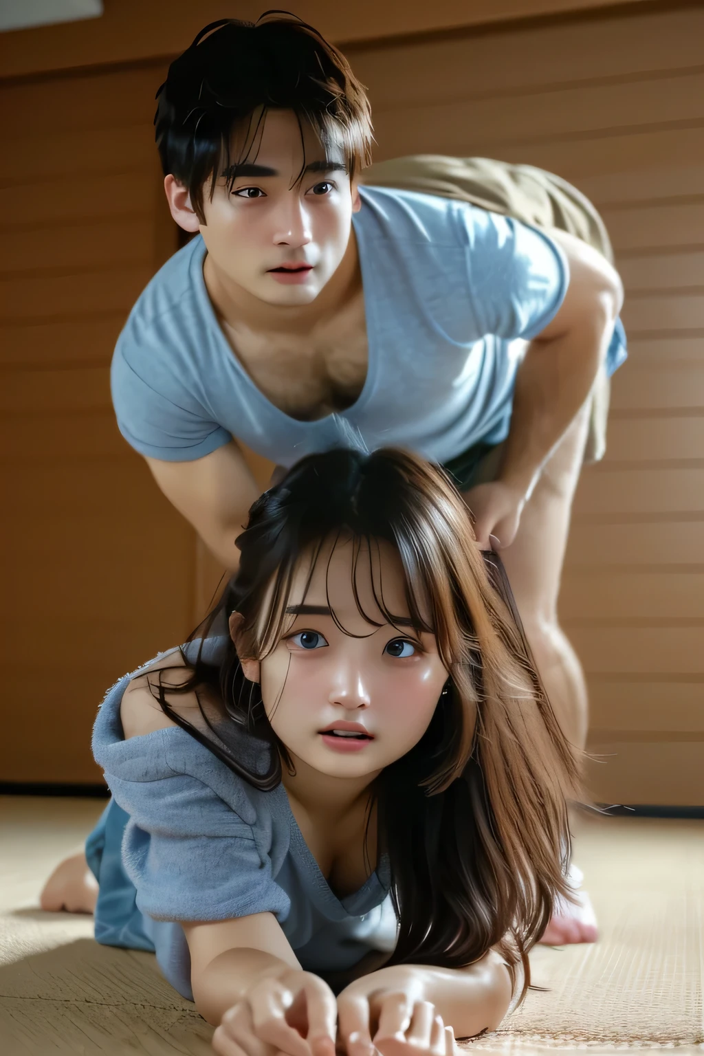 ( masterpiece 、 top quality、 ultra high definition )、( perfect face、 facial beauty、 beautiful eyes )、( on all fours 、slouch,A man strangles you from behind、A man holds hips from behind