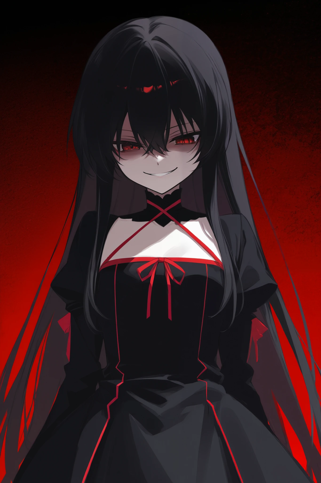 Ruthless。 fearless smile 。A woman who looks down on me。Queen。Bad face。Play with。Horror games。anime。 black dress 。 long hair。 long hair。