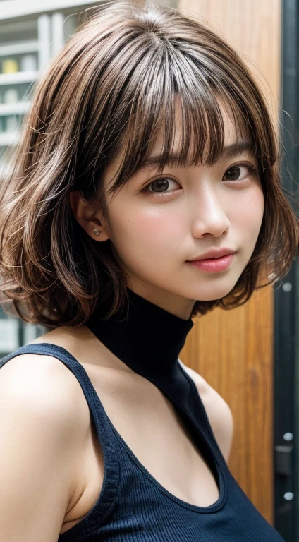 (masterpiece:1.5)、(realistic:1.5)、(highest quality:1.4、8K、RAW photo)、 ultra high resolution、professional lighting、perfect dynamic composition、film grain、chromatic aberration、(Bokeh:1.1)、 Sophisticated、超realistic、high detail、golden ratio、 (1 girl)、slender girl、delicate and attractive girl、cute woman:1.4、 serious expression、looking at the viewer、light brown hair、shining hair、The hairstyle is a bob cut、 skin that looks real、 close your mouth、fine eyes、double eyelid、thin arms、(Dark blue high neck ribbed sweater)