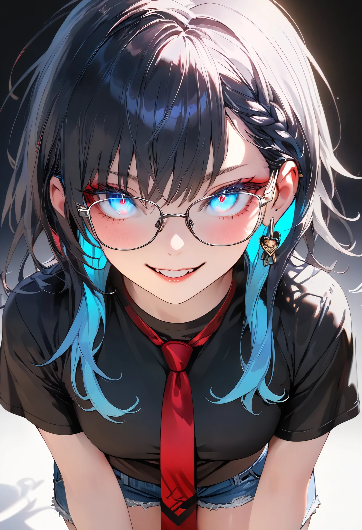 pop art style, black t-shirt, biting lip, pop punk gamer style, hand in hair, waist bend, tummy, denim shorts, stockings, beautiful blue eyes, business glasses, red tie, streaked hair, multicolored hair, colored inner hair, braid, glowing eyes, makeup, light smile, depth of field, blurry, accurate, masterpiece, retina, textured skin, super detail, high details, high quality, award winning, best quality, highres, 1080P, HD, 4K, 8k, 16k,, (highest quality, High definition: 1.2). (perfect details: 1.1), (beautiful and clean background: 1.2), (extremely detailed CG, ultra detailed, best shadow: 1.1), (exquisitely rendered beautiful eyes), (full-length 1.1)