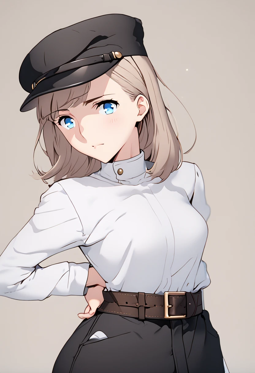 town,masterpiece,best quality,1girl,standing,blue beret,brown hair,short hair,white shirt,pants,one eye closed, <lora:takanashi wotori2024-000015:1>