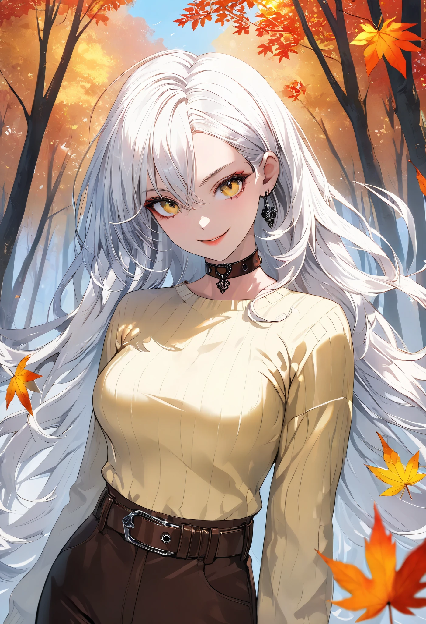 Pop art style, Reflective focus, Post projection, Off-center, Autumn forest, Flying leaves, Wind, Sharp look, Sly smile, Gothic makeup, Long silky white hair curling in the wind, Yellow sweater, Medium breasts, Belt, Choker, Waist bend, Brown pants, Posing, (High quality, High resolution: 1.2). (Perfect details: 1.1), (Beautiful and clean background: 1.2), (Extremely detailed CG, Ultra detailed, Best shadow: 1.1), (Exquisitely drawn beautiful eyes), (Full length 1.1)