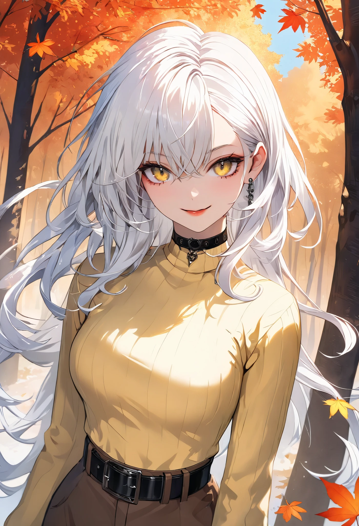 Pop art style, Reflective focus, Post projection, Off-center, Autumn forest, Flying leaves, Wind, Sharp look, Sly smile, Gothic makeup, Long silky white hair curling in the wind, Yellow sweater, Medium breasts, Belt, Choker, Waist bend, Brown pants, Posing, (High quality, High resolution: 1.2). (Perfect details: 1.1), (Beautiful and clean background: 1.2), (Extremely detailed CG, Ultra detailed, Best shadow: 1.1), (Exquisitely drawn beautiful eyes), (Full length 1.1)
