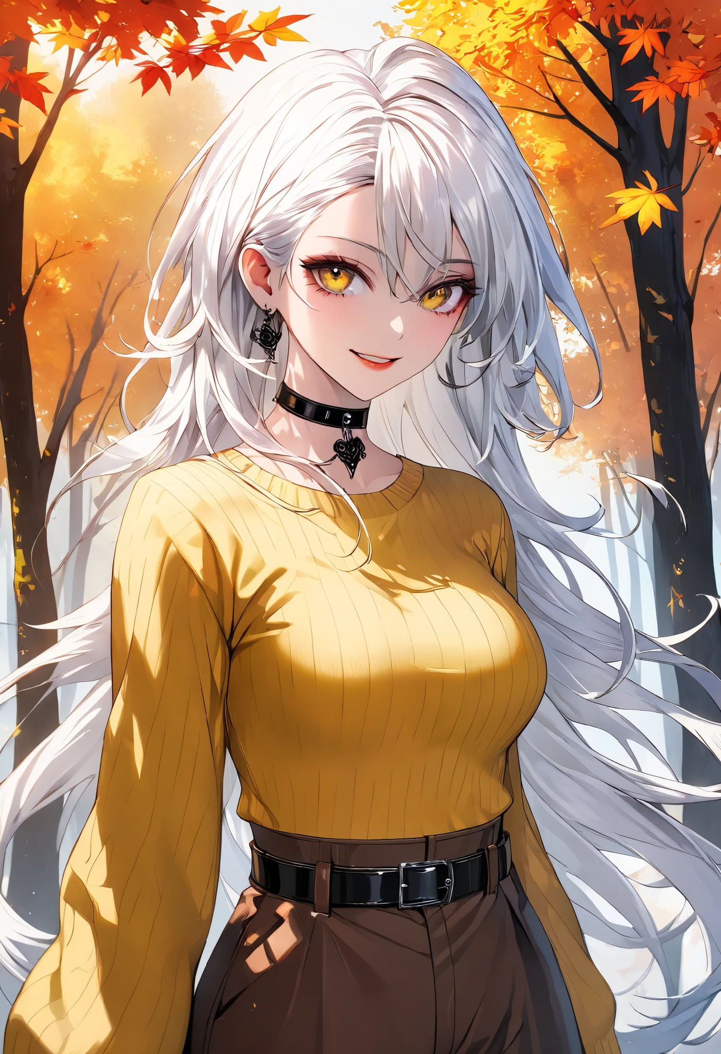 Pop art style, Reflective focus, Post projection, Off-center, Autumn forest, Flying leaves, Wind, Sharp look, Sly smile, Gothic makeup, Long silky white hair curling in the wind, Yellow sweater, Medium breasts, Belt, Choker, Waist bend, Brown pants, Posing, (High quality, High resolution: 1.2). (Perfect details: 1.1), (Beautiful and clean background: 1.2), (Extremely detailed CG, Ultra detailed, Best shadow: 1.1), (Exquisitely drawn beautiful eyes), (Full length 1.1)
