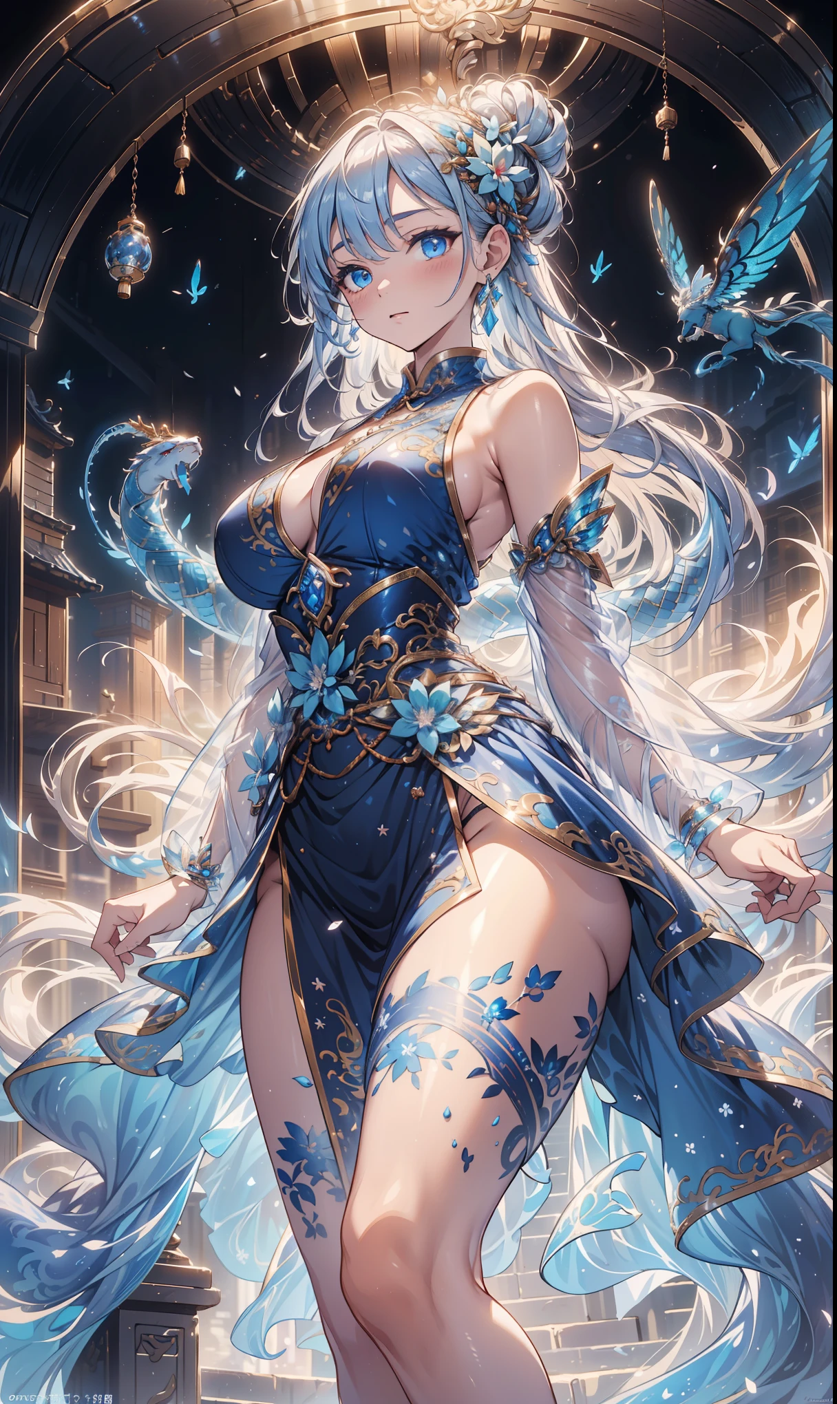 ((masterpiece)), (((highest quality)))), ((ultra detail)), 8K,(surreal), (Highly detailed CG illustrations), (very delicate and beautiful), visual artワーク,highest quality, realistic skin, realistic fabric,anatomically correct body,クラス史上最高masterpiece, unparalleled beauty,beauty and enchanting beauty,physically accurate depiction,dynamic view,Transparent beautiful face,Cinematic lighting,
high fashion pieces,cinematic depiction,attractive model, attractive artistic depiction,Fashion Model Body Type,Girl in a blue ponytail. slightly round face,soft and gentle expression,Large, attractive blue eyes with a sense of transparency,black and white military uniform,sex appeal,shy smile,big breasts,charming cleavage,visual art,dress a delicate lace pattern.,Very slim body and slender figure, armory,perfectly slim waist,flared mini skirt,works of art、bold revealing costumes,Erotic fashion.calm expression,Overall bright depiction,Sunlight,sunshine,fascinating look,delicate depiction,visual art作品,
The stage of the image is、A scenic garden full of flowers and greenery. Soft sunlight filtering through the trees shines in, shine a warm light. Cinematic lighting.(full body:1.3),Wide angle of view,(Floral decoration on the border of the layout),Flower decoration around the screen,three-dimensional sense,sense of distance,artistic depiction,Film festival submissions、((Brochure cover、mucha decorative frame)),