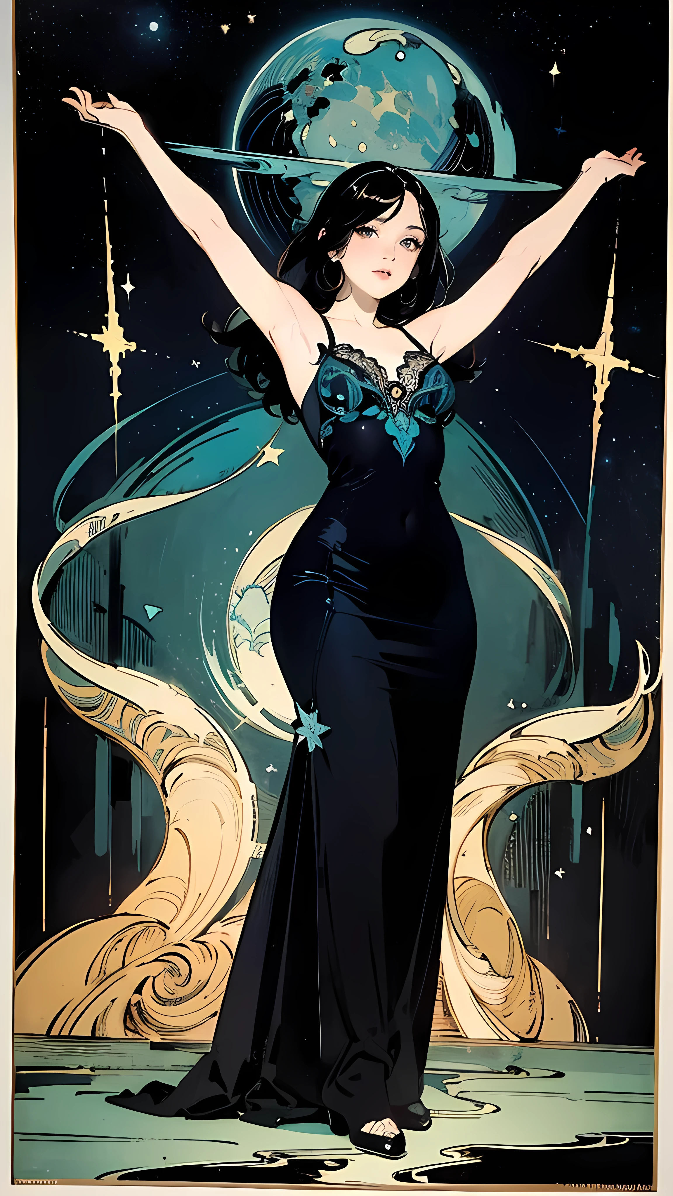  detailed background、oil、 art nouveau 、 Cosmic Truths、 starry sky 、Night sea、masterpiece、 best quality 、 Highest Image Quality、Careful line drawing、 vintage color 、 colorful 、 one woman 、 anatomically correct、 Depth of Written Border、 flat shaded 、whole body、With open arms、 Empty Expressions 、 perfect face、 black hair、Gorgeous party dress in natural colors