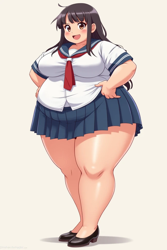 Un dibujo de caricatura de una mujer con falda y camisa blanca, Ella tiene un vientre redondo y gordo y tembloroso, Retrato de cuerpo entero de un corto!, ??????????? loli, Su vientre es gordo y redondo, Thicc, Marin Kitagawa Fanart, mujer gorda, Cuerpo bacanal de grasa fuerte, big stomach, muslos grandes, Proporciones OPPAI