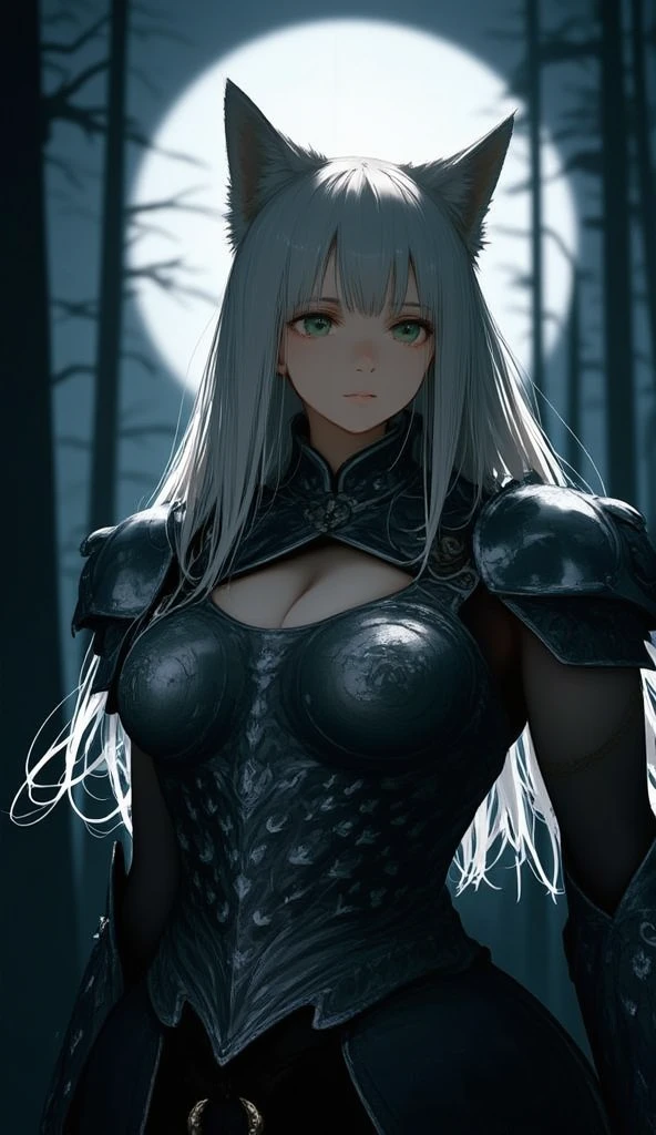 A captivating, fierce female werewolf with a strong, graceful presence, standing in a dense, shadowy forest under the glow of a full moon. Her humanoid features blend with her wolf-like qualities, with subtly pointed ears, sharp yet alluring eyes, and a faintly wild expression that exudes both intelligence and ferocity. Her long, silvery hair flows around her shoulders, illuminated by the moonlight, adding to her mystical aura.
She wears her signature armor — a finely crafted, dark metallic piece that provides protection while showcasing her strength. The armor is intricately decorated with patterns resembling wolf fur and claw motifs, adding a sense of primal elegance. Her shoulders and arms are covered with protective, leather-like bracers and armor plates, designed for flexibility and movement, allowing her to blend seamlessly into her forest surroundings. Her large, piercing eyes glow with an inner light, reflecting the moon above, as her gaze scans the forest, alert and vigilant.
The scene is set in a dark, mysterious forest bathed in silver moonlight, casting shadows that accentuate her powerful, muscular form. Her armor glints under the moonlight, and her breath is visible in the cool night air. The mood is intense and atmospheric, capturing her as a figure of beauty and power, deeply connected to the wild, embodying both human elegance and wolf-like strength.