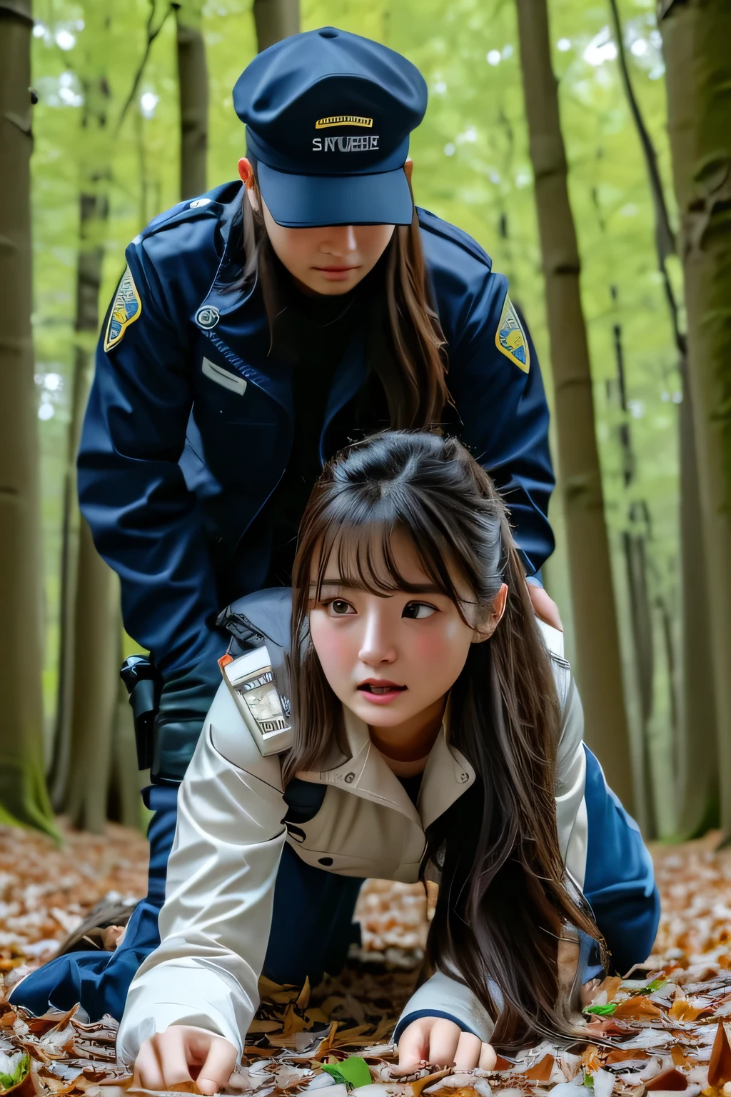 ( masterpiece 、 top quality、 ultra high definition )、( perfect face、 facial beauty、 beautiful eyes )、 in the woods、Clothes get torn、policewoman hat、policewoman、 on all fours 、slouch,A man strangles you from behind、A man holds hips from behind、A man stands behind