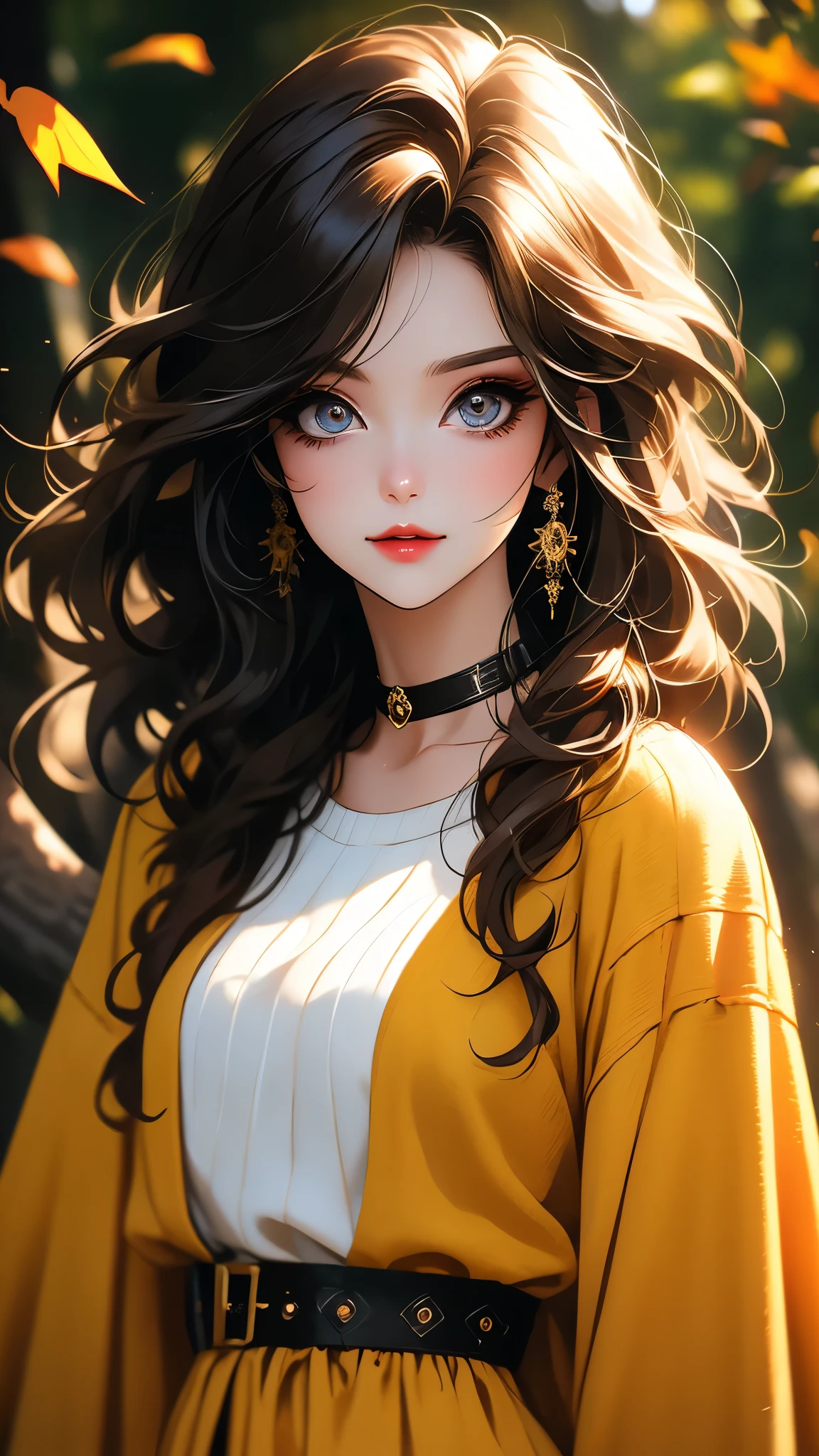 Highly detailed beautiful eyes, Pop art style, Reflexive focus, Post projection, Off-center, Autumn forest, Flying leaves, Wind, Sharp look, Sly smile, Gothic makeup, Long silky white hair curling in the wind, Yellow sweater, Medium chest, Belt, Choker, Waist bend, Brown brown hair, Posing, (High quality, High resolution: 1.2). (Perfect details: 1.1), (Beautiful and clean background: 1.2), (Extremely detailed CG, Ultra detailed, Best shadow: 1.1), (Exquisitely drawn beautiful eyes), (Full length 1.1)