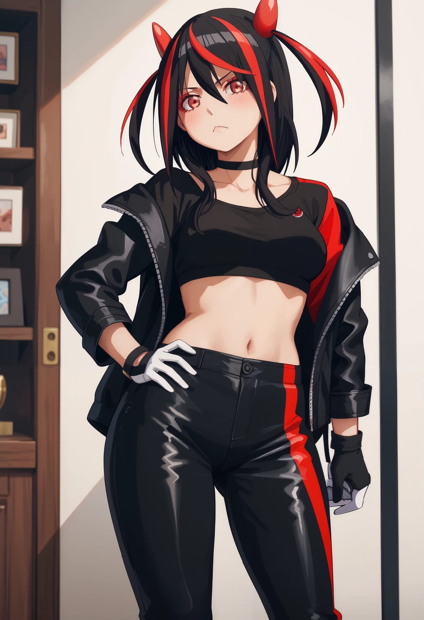 Score_9, Score_8_up, Score_7_up, bright skin: 0.1, anime_source, deep skin, high quality, high resolution, (curvy), ((wide hips)), medium breasts, cute, sexy, 1 girl, BREAK HaneruEmi, HaneruEmi, long hair, black hair, red highlights, red eyeshadow, red eyes, spiky hair, hair between eyes, side locks, black crop top, open jacket, black leather jacket, horns, choker, gold bracelet, black leather pants, white short gloves, white shoes, two-tone sneakers, black stockings, abdomen, (only , (sexy pose), open leg, seduce, excite, flirt, sexual, look at viewer, frown, tease)