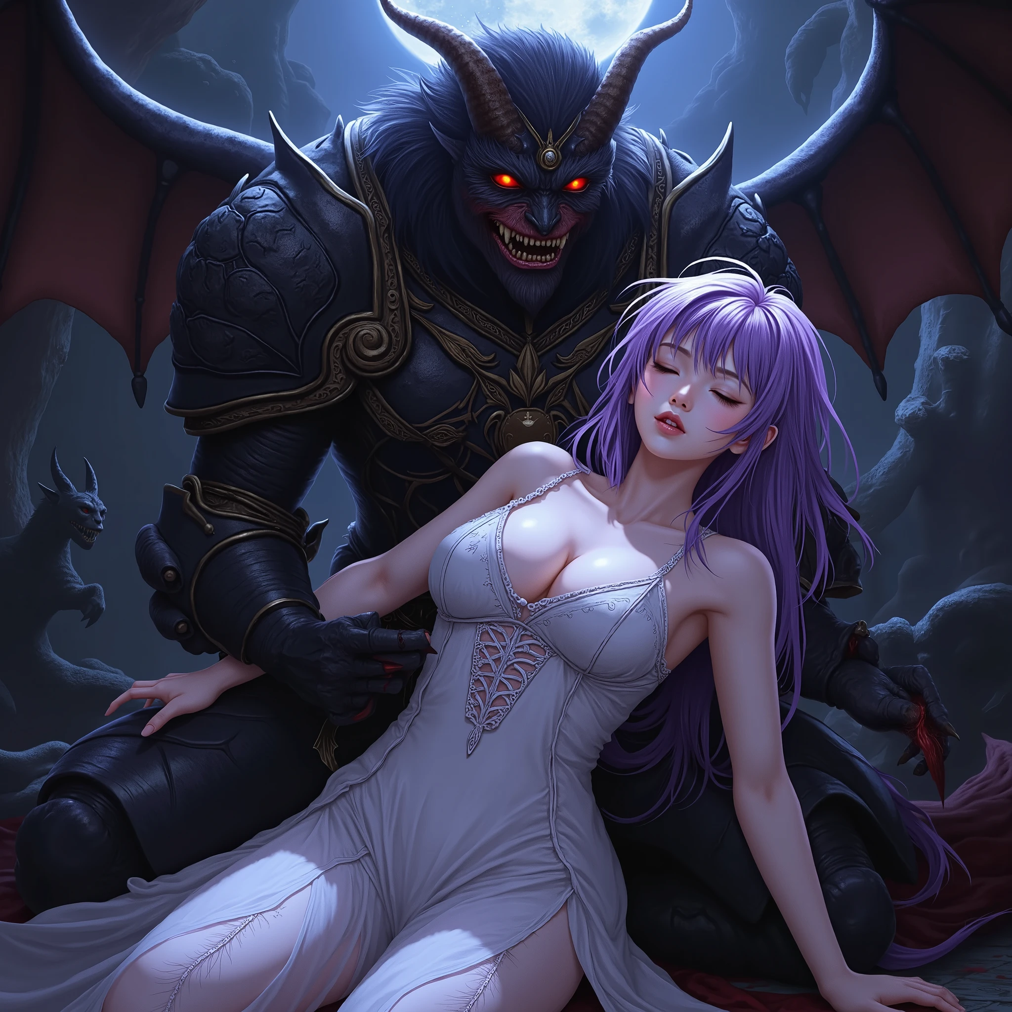 top quality、nsfw、Bondage、Japanese woman in slightly realistic anime style 、torture、 erotic 、penalty、 slave、limit、bondage、Sacrifice、Beautiful woman with long light purple hair 1 :5( messy hair、 lying on the devil's arms1:5)、see-through and sexy white celtic dress(Small chest、Too much exposed skin、Torn and tattered、sleeveless、 deep v-neck、Sideboob、 belly button out、 Long Skirt with a Deep Slit )、失神し close eyes女( close eyes、Hang your head back、Limp and hang your arms )、 captured by a devil wearing luxurious black armor(Sharp red eyes、 big two horns、big、 hugging a lying woman with both arms 、 Princess Carrie)、 Black horrible monsters surround her、Black Sun、 darkness、 Different Worlds 、 dungeon、dark fantasy、Pitch Black Hell
