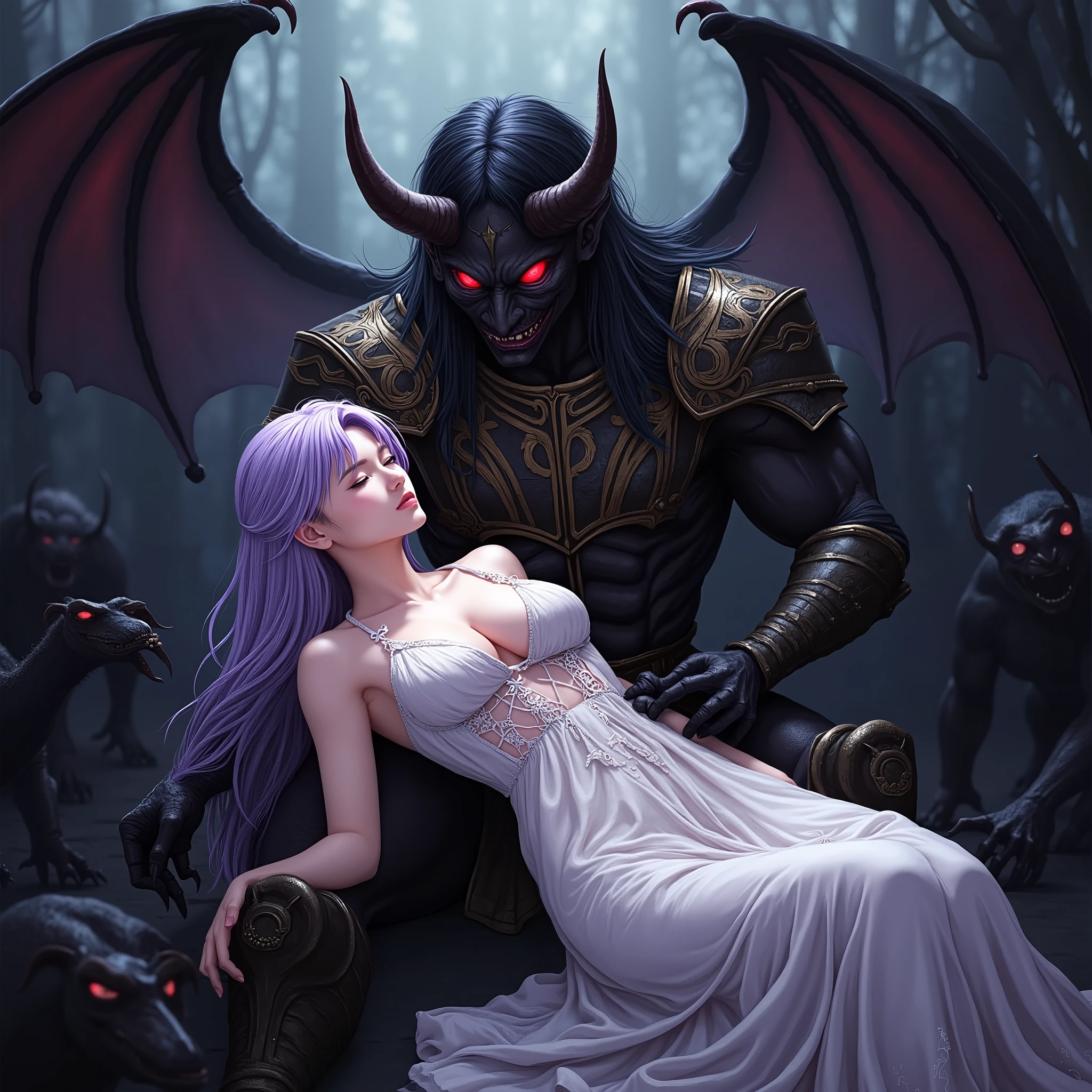 top quality、nsfw、Bondage、Japanese woman in slightly realistic anime style 、torture、 erotic 、penalty、 slave、limit、bondage、Sacrifice、Beautiful woman with long light purple hair 1 :5( messy hair、 lying on the devil's arms1:5)、see-through and sexy white celtic dress(Small chest、Too much exposed skin、Torn and tattered、sleeveless、 deep v-neck、Sideboob、 belly button out、 Long Skirt with a Deep Slit )、失神し close eyes女( close eyes、Hang your head back、Limp and hang your arms )、 captured by a devil wearing luxurious black armor(Sharp red eyes、 big two horns、big、 hugging a lying woman with both arms 、 Princess Carrie)、 Black horrible monsters surround her、Black Sun、 darkness、 Different Worlds 、 dungeon、dark fantasy、Pitch Black Hell