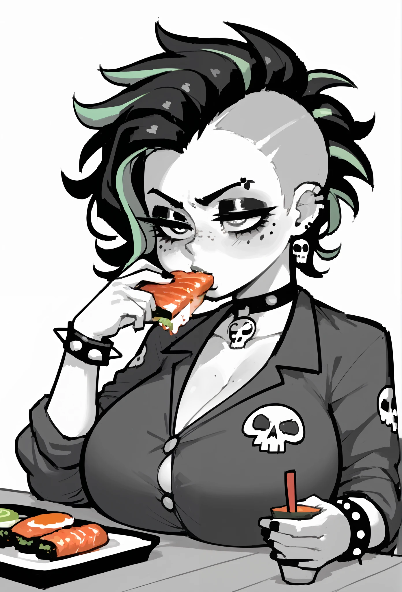 score_9, score_8_up, score_7_up, score_6_up, score_5_up, score_4_up, rating_explicit, Goth girl, choker, goth clothes, makeup, skull print, black goth pajamas, spiked bracelets, black hair, massive breasts, multicolored hair, Black Curly Mohawk hair, extreme close up, close up, Green highlights in hair, Green Irises, monochrome, greyscale, freckles on face, eating sushi at a table