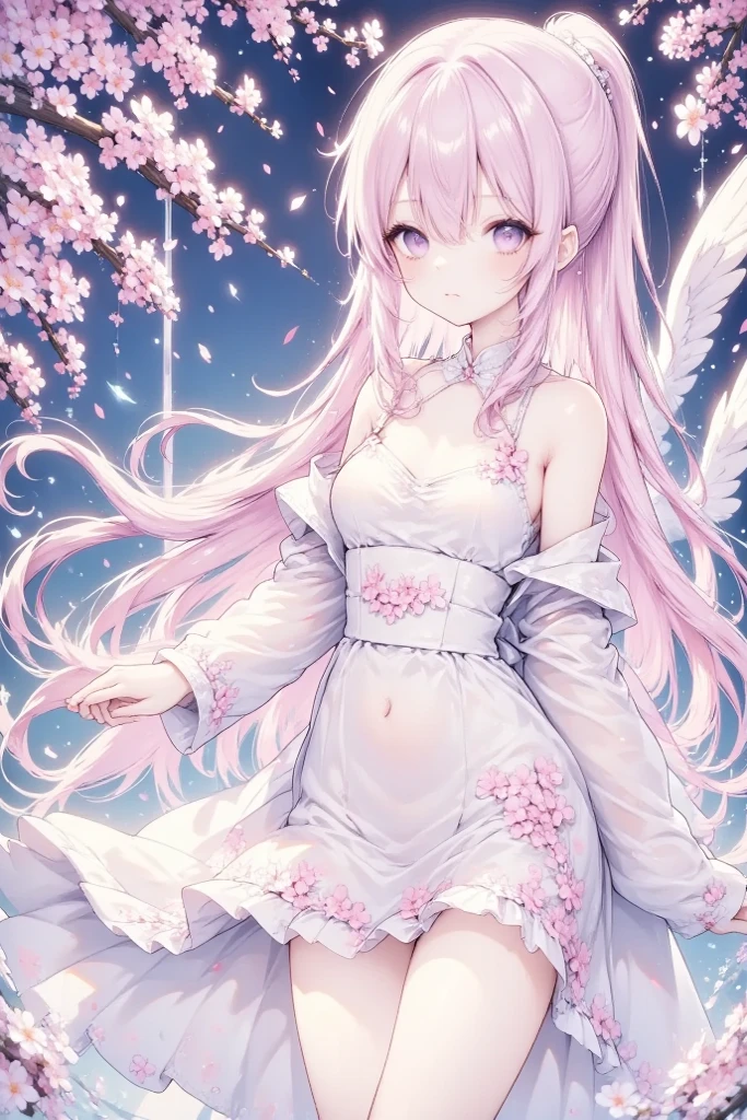 Waterpainting, Very detailed, (White and pink: 1.3), (Abstract background, Tangled, Fractal Art:1.3), (Many colors, colorful:1.1), (feather, petal, Flowers:1.3), Dynamic pose, Kawaii Girl, Body from the waist up, Hair fluttering in the wind, Facing to the side
