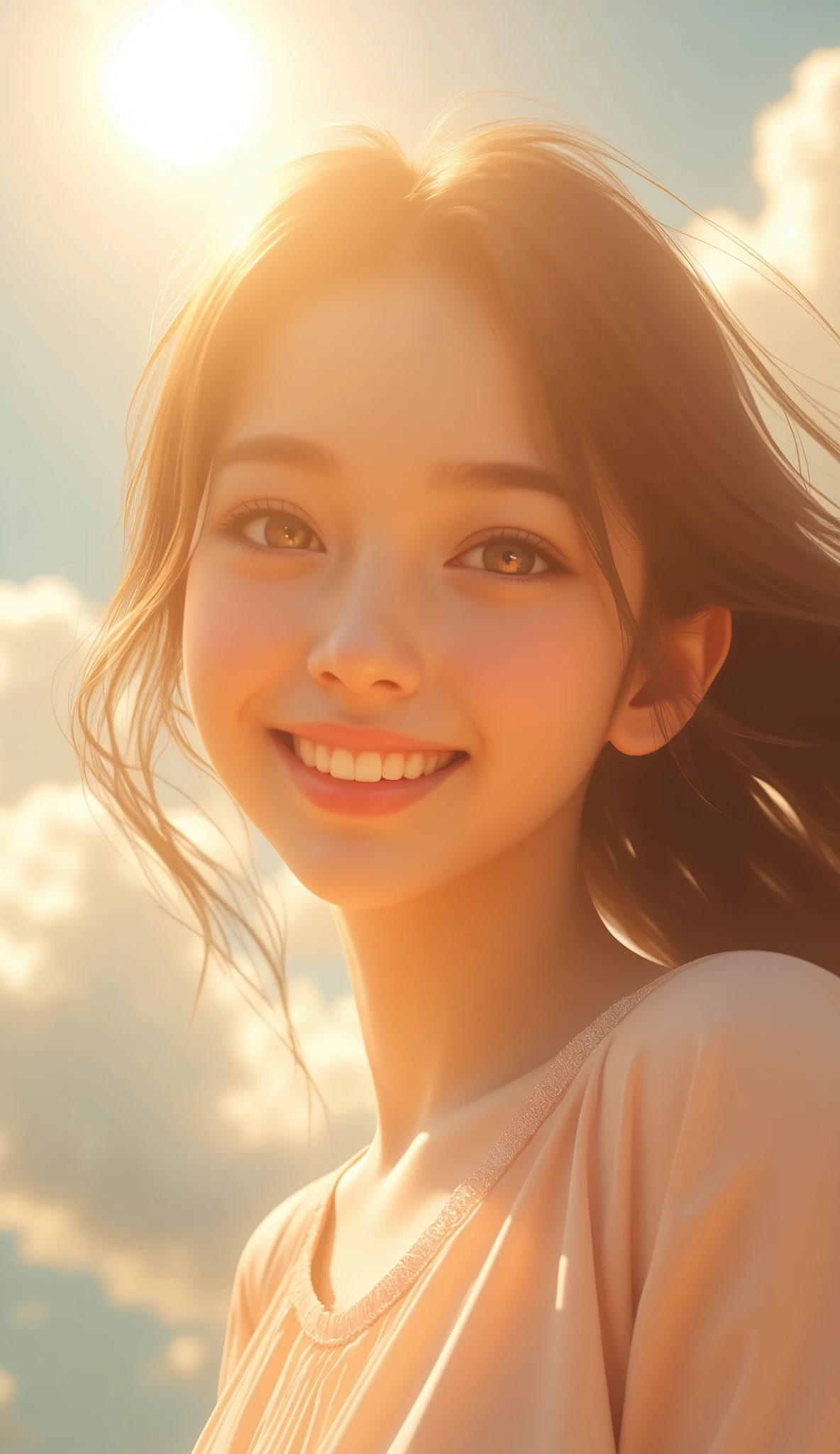 Image of a person smiling and looking up at the sky.