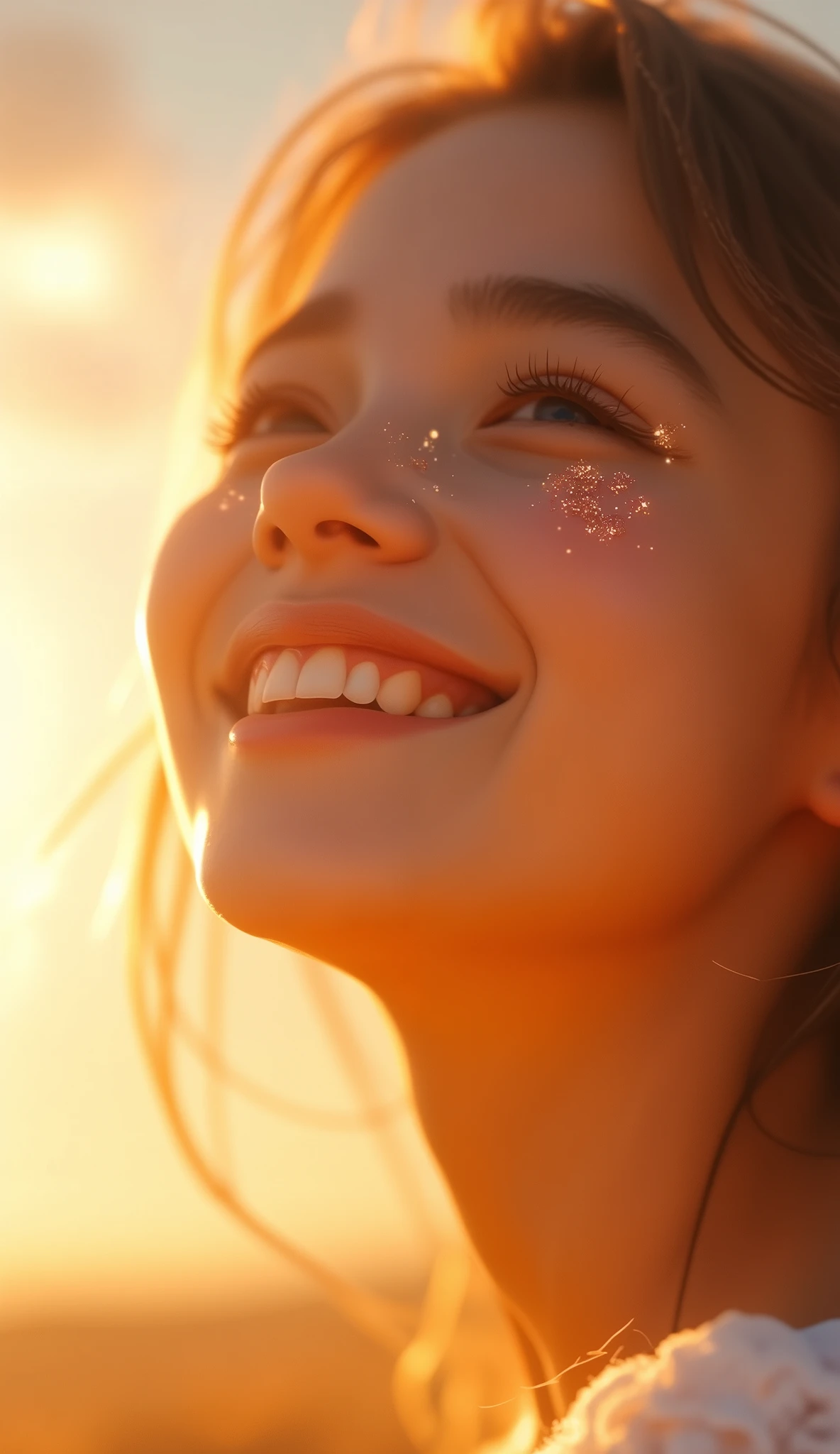 A close-up shot of a young girl's face from a low-angle perspective, capturing her radiant smile and sparkling, expressive eyes. Her skin glows warmly under the golden sunlight, and her cheeks are slightly flushed with youthful joy. The background shows the bright sun peeking through soft, fluffy clouds, with rays of light creating a gentle halo effect around her. Her hair flows slightly in the breeze, catching the sunlight, and the scene is filled with soft pastel hues. The atmosphere is cheerful, warm, and full of life, emphasizing her pure happiness and the serene beauty of a sunny day.