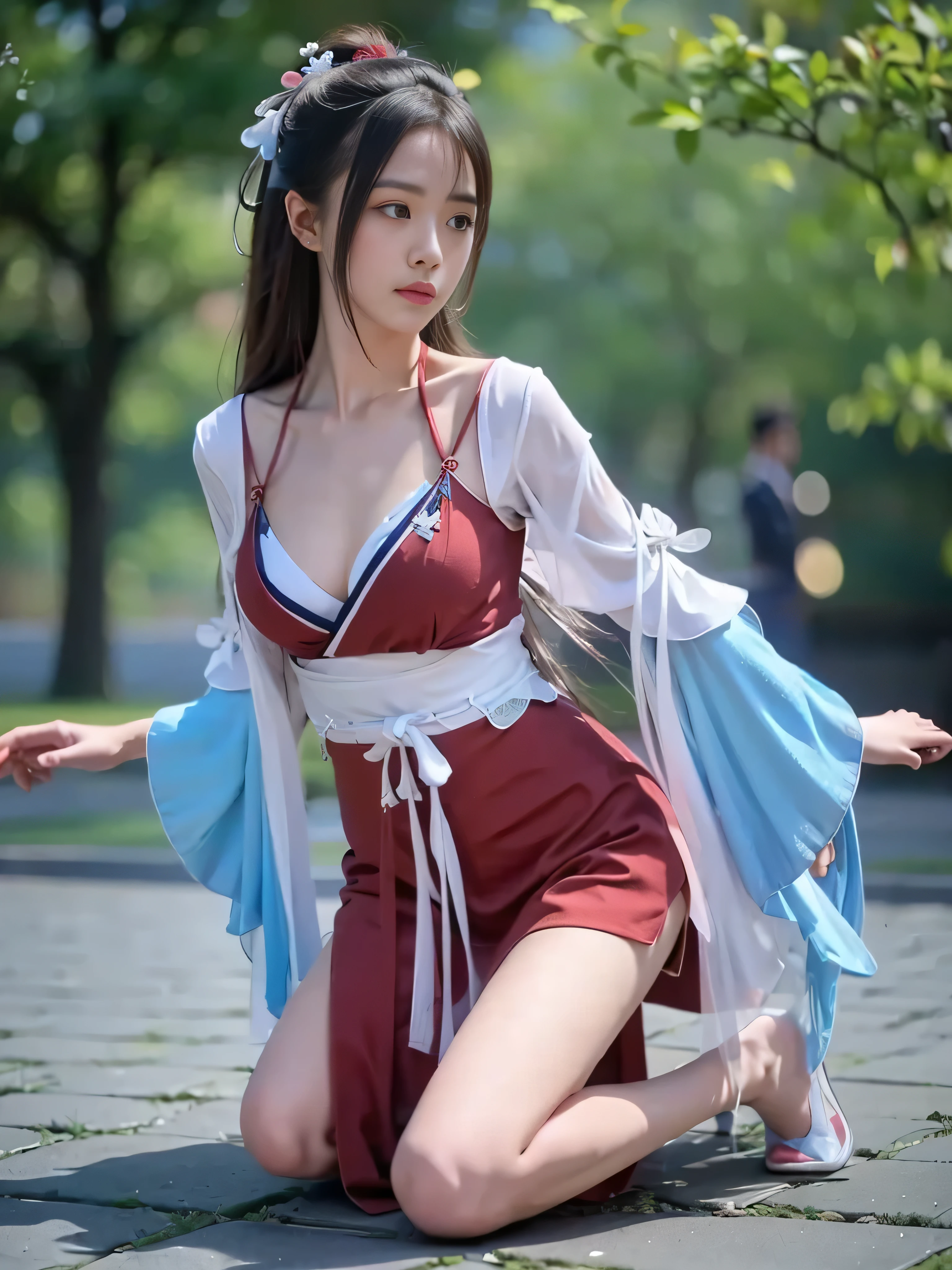 best quality,masterpiece,illustration,an extremely deciple and beautiful,extremely detailed,CG,unity,8k wallpaper,Amazing,finely detail,master,best quality,official art,extremely detailed CG unity 8k wallpaper,absurderes,Incredibly Ridiculous res,hugefilesize, ultra - detailed, A high resolution, The is very detailed, Nice detailed girl, very detailed eyes and faces, Beautiful detailed eyes, light in face,(Hanfu:1.1),1girl, full bodyesbian, Full body photo, ru_qun,Red belly pocket,cropped shoulders,Purple thong,Flesh-colored stockings,fully body photo,high qulity