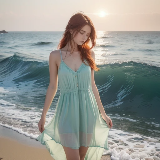(masterpiece, highest quality), ((woman, alone, Long Hair)), Ishmael_horn, Innocent look, Bare arms, Expose your shoulders, Bare neck, watercolor, Sundress, Liquid clothing, water, Wave, water dress, green_theme, night, mist, dark, Sharp focus, Ocean, See-through dress, Orange Hair