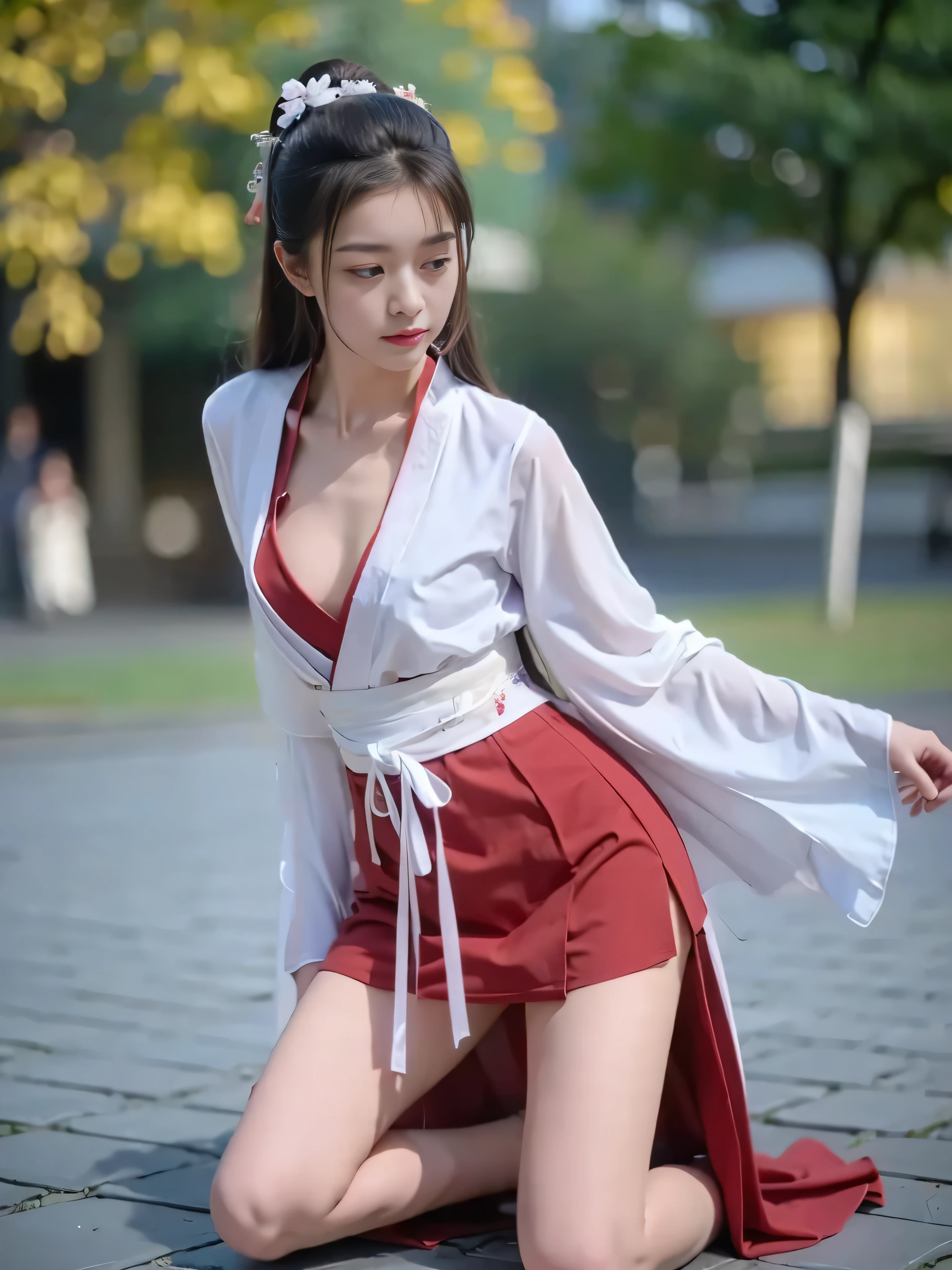 a beautiful girl,Kneeling, Wearing a red Hanfu , full chest
