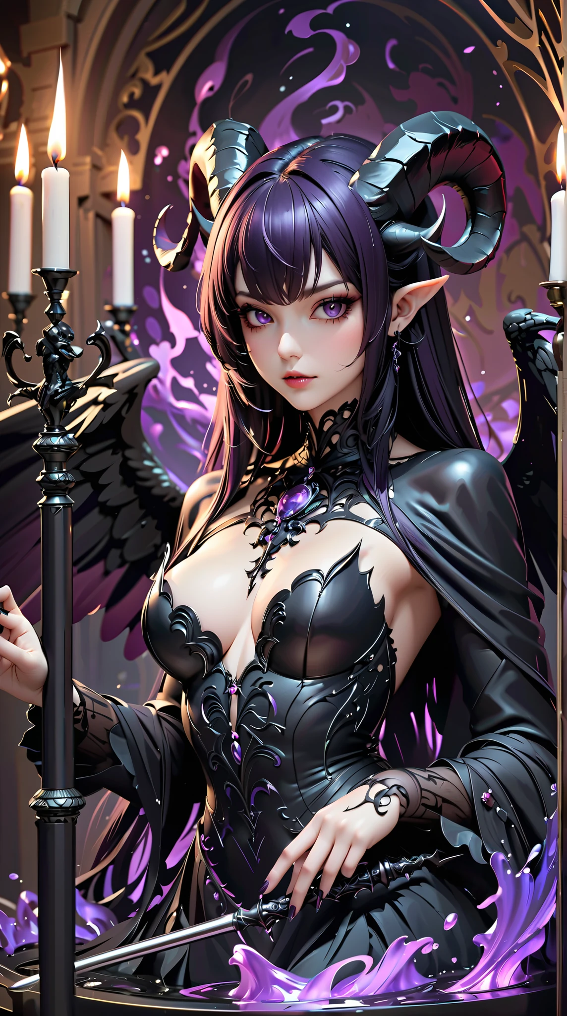 1 mature and seductive woman,(Detailed Description,Incredibly absurd,High resolution,8k wallpaper,masterpiece,Highest quality,Depth of region,Anatomically accurate depiction),(Glowing Skin,Shiny skin),((Succubus disguised as a priest)),(Luxurious clerical clothing,Staff,Devil's Wingsのアクセサリー),eyelash,(Purple Eyes,Eyes of Madness,There is cleavage in the chest,Bewitching Smile,Glossy lipstick,Seductive gestures,Put your finger over your mouth,Sticking out tongue),Sweat,(whole body),(background:A magnificent church with stained glass),Pink light,Devil's Wings