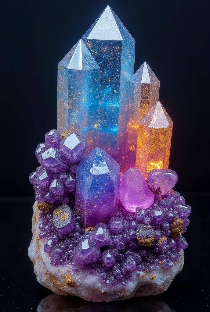 Vibrant crystal mineral , infused with Orgonite , radiates a kaleidoscope of colors as the universe unfolds within of its crystalline structure, set in a dazzling , bright background with amethyst druses grouped together as cosmic galaxies , as if stars and galaxies were swirling together in a fascinating dance , with iridescent shades of blue , purple, and gold illuminating the intricate patterns of Orgonite , evoking a sense of cosmic wonder and mysticism .