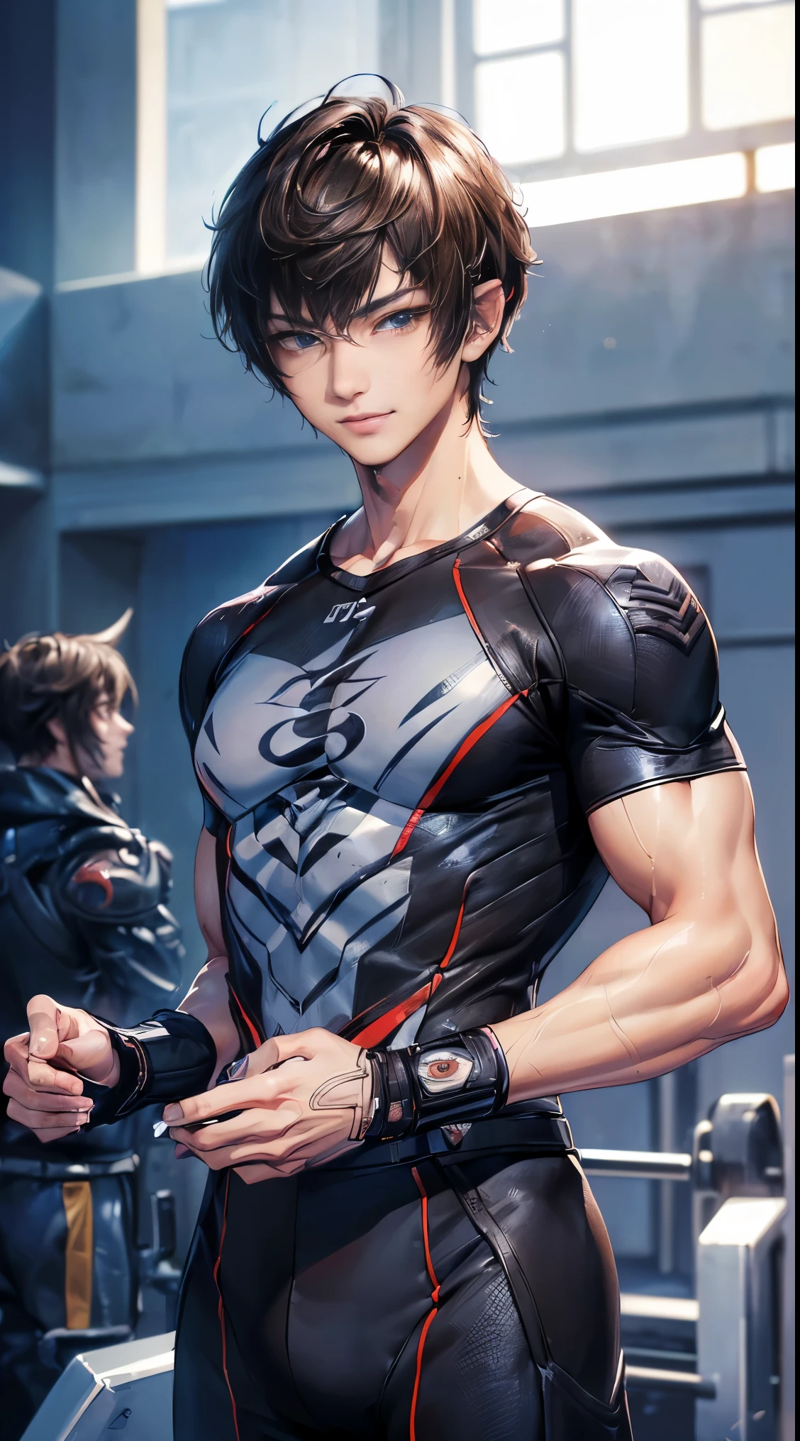 13 yo guy with slightly strong body and nice hair cut with sharp jaw line and he is clutching his biceps
