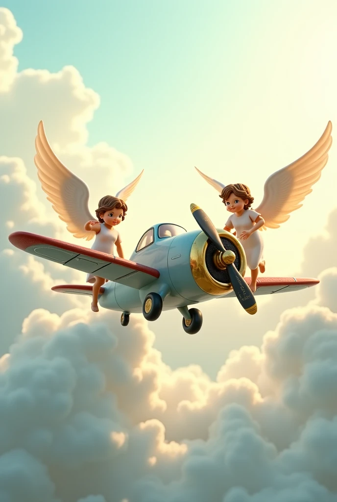 A little dark-haired angel and a little blond angel on top of a plane with a little spotted dog