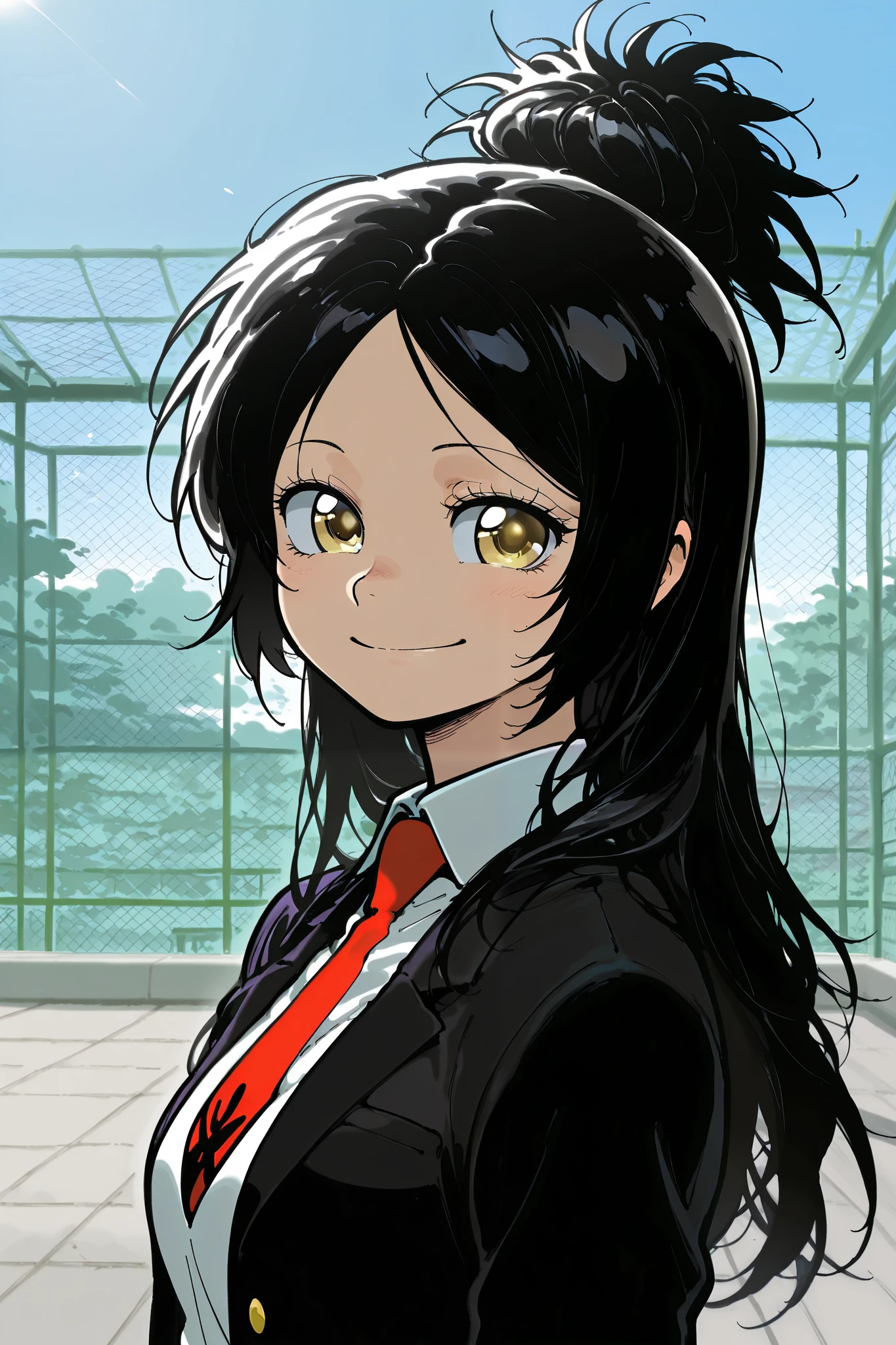 1 female from manga hitman reborn, manga hitman reborn style, 1 female, long black hair, bright golden eyes, manga hitman reborn series style, , cute, smiling, School rooftop, half body