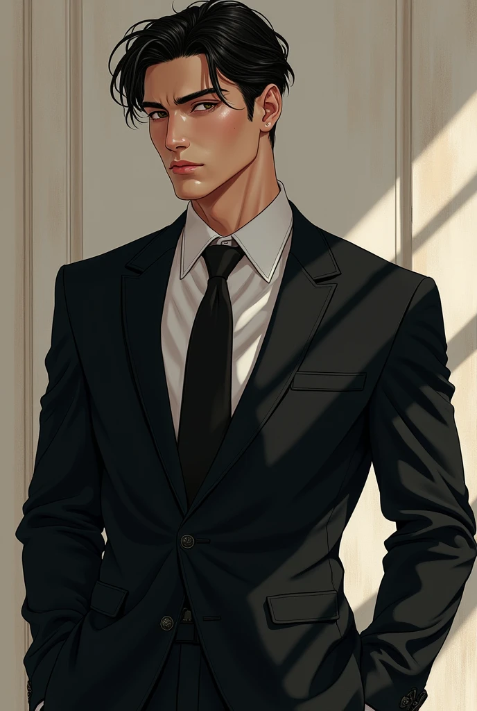 Handsome and masculine man , with a delicate face in a black suit. With heavenly eyes , semi-realistic, manhwa style. muscular