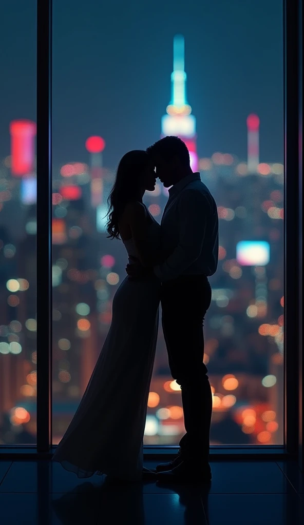 Naked couple in front of a room with a panoramic view of the night city, sexy with the silhouette of their well-marked bodies and a look of desire