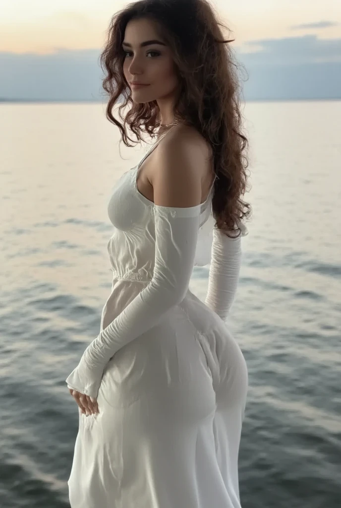 a woman laying on her side on a stone platform. She has long, wavy, brown hair cascading over the edge. The woman is dressed in a delicate, flowing short pink dress with intricate lace and ruffles, which is revealing in nature, complemented by black lace garters and stockings. large breasts, smiling, Her pose is relaxed, with one arm bent behind her head and the other resting on the platform. The background is a gradient of warm tones, transitioning from a soft orange to a pale yellow, giving the scene a warm, ethereal glow. The stone platform has a classical architectural design with square, recessed panels and a solid base.