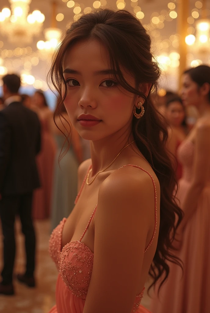 (masterpiece, best quality, ultra high res, beautiful detailed hair detailed face, perfect feminine face), there is a woman with long hair in fancy party dress, in night party, crowded, an asian woman, asian girl, a young asian woman, south east asian with round face, asian female, beautiful asian girl