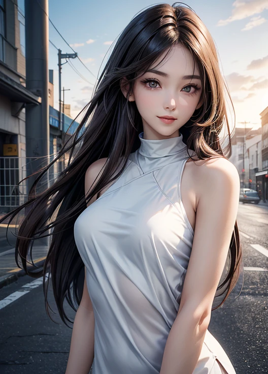 ((best qualtiy,8K,tmasterpiece:1.3)), 1girll, Charming, full bodyesbian, Slim Faces, Beautiful woman, (black long curly hair), White floral dress :1.1, Super detailed face, Detailed eyes, Full, blur backgroun, the street, --auto