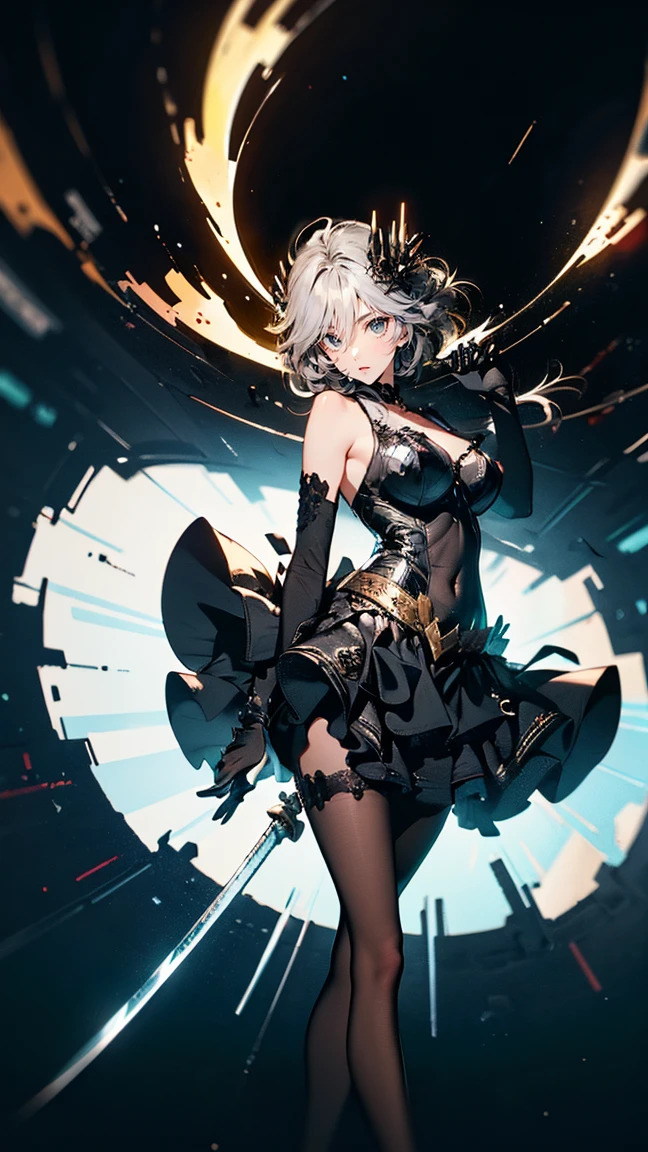 1girl, ((ass)), solo, looking-back, skirt, shoulder-cutout, thighhighs, mole, mole-under-eye, panties, black-skirt, underwear, clothing-cutout, looking-at-viewer, hair-over-one-eye, from-behind, black-panties, thong, bare-shoulders, short-hair, open-mouth, hair-ornament, black-thighhighs, long-sleeves, purple-eyes, white-shirt, shirt, grey-hair, bangs, parted-lips, thighs, breasts, cowboy-shot, ((big ass) 1:1)