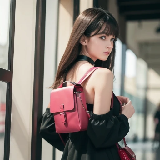 beautiful, Masterpiece, best quality , highly detailed face, perfect lighting, 1 girl, Alone, sketch, Marnie ( Pokémon), green eyes, asymmetrical bangs , backpack, bag, black choker , black jacket, is blurry, is blurry background, choker , Closed Her Mouth , dress, , indoor, jacket, uses a , look at the viewers, Looking Back, off shoulder, pink dress, red bag, Alone