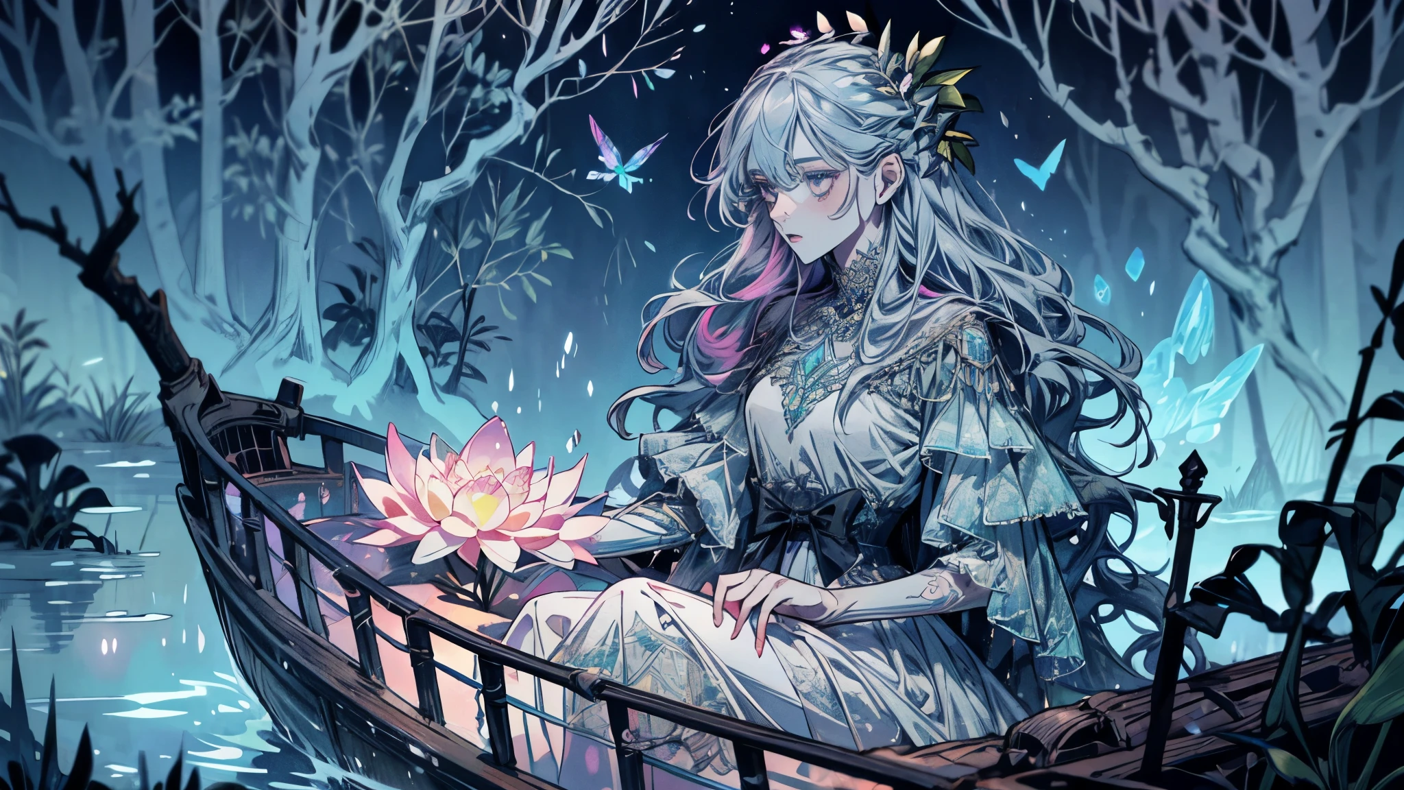 Noble lady plays in water, mist, wet dress, detailed eyes, bushes, dry branches, lotus, boat, mysterious, psychedelic, dark gray dress with rainbow crystals, bioluminescent