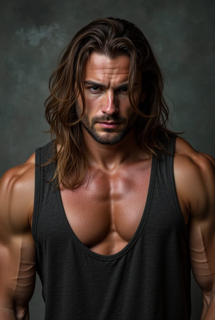 ukrainian man shirtless with shoulder length brunette hair, posing