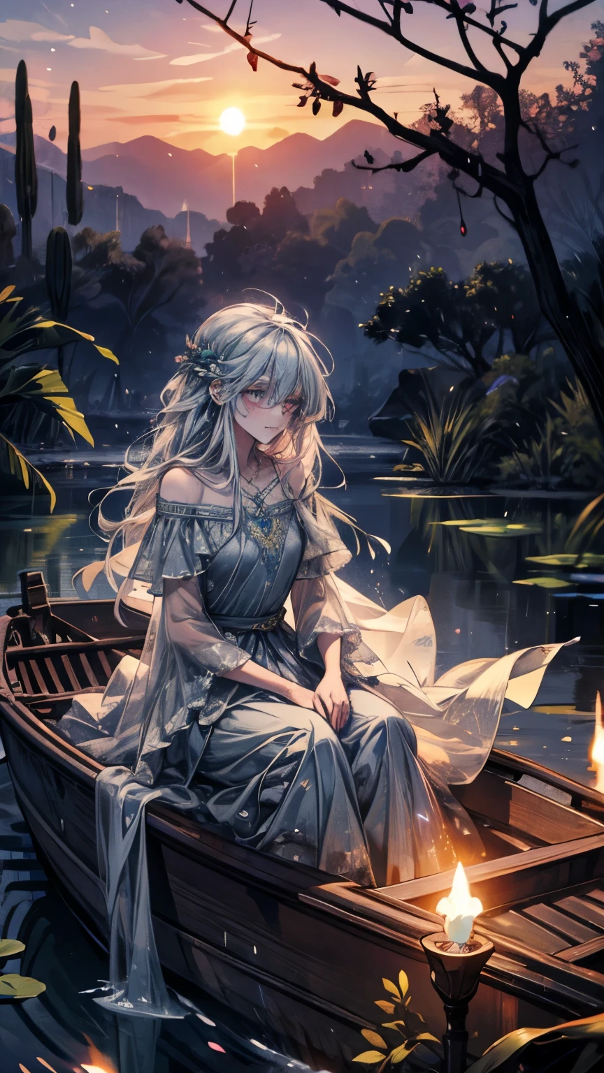 Noble lady plays in water, sunset, cold, mist, wet dress, detailed eyes, bushes, dry branches, lotus, boat, mysterious, psychedelic, dark gray dress with rainbow crystals, bioluminescent
