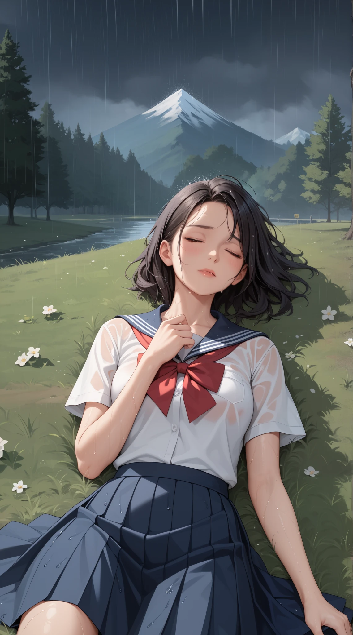 Score_9, Score_8_up, Score_7_up, Score_6_up, Score_5_up, Score_4_up, Source_anime, Tag1, Tag2, Quality_masterpiece , perfect features , perfect figure , Perfectly Detailed , Ultra Detailed , Ultra Highly Detailed , Ultra HD , Accurate , Masterpiece , Anatomically Correct , High Details , High Quality , Super Detailed ,, raining, lying on the grass in the night, head and body in the grass, trees, mountain, heavy rain, dark sky, night, wet uniform and skin, medium hair, black hair, closed eyes, sad, wearing a japanese high school uniform, no house