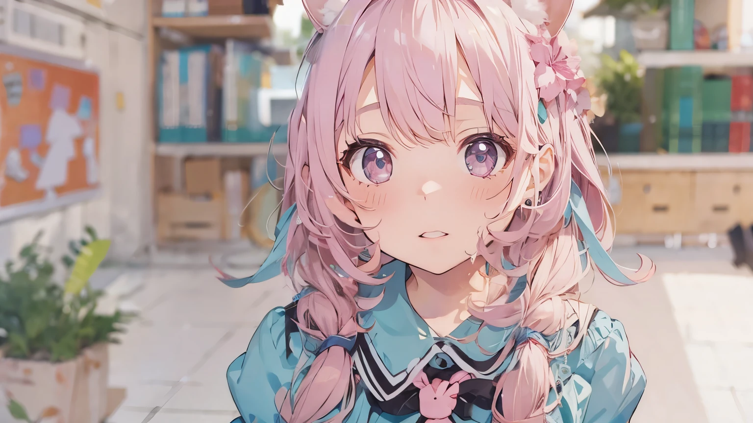 (masterpiece, best quality:1.3), 1girl, large breasts, night sky, indoors, church, school uniform, playing games, hair bun, lavender hair, green eyes, scared, distress look, shouting, giddy face,
