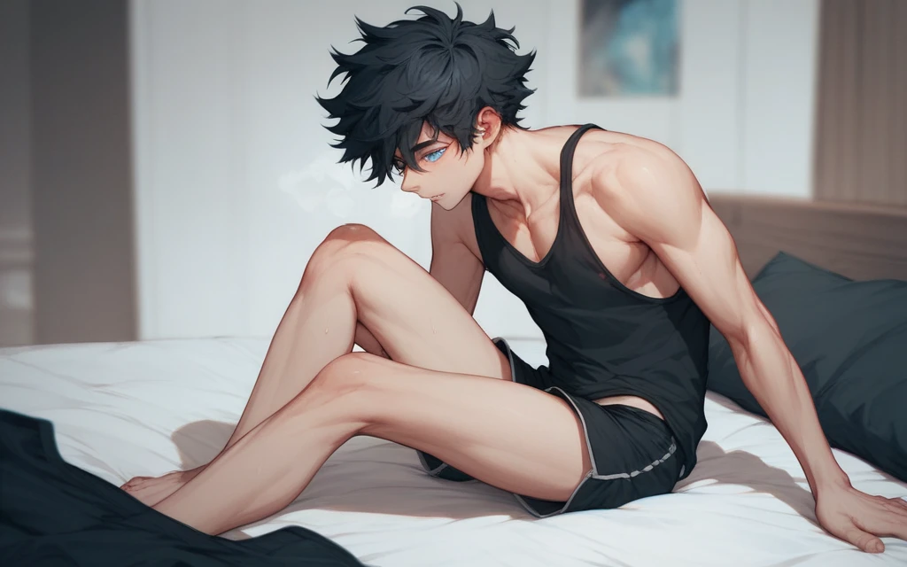 #quality (Highest quality,Masterpiece,A high resolution,8K image quality,Perfect anatomy), #composition (Low angle,worms-eye-view,There was a boy.), #person (A 14-year-old boy,Small but cute boy、Bullish personality、honor student、Good impression、Boy's hand、Knees、Thighs of a 14 year old boy、Big breasts Thin waist,Sweaty), #Boy facial (Big drooping eyes、Strong-willed、Serious eyes、blue color eyes), #Boy's hair (His hair is jet black. He has short, straight hair,Hairstyle is natural and neat,M-shaped bangs.), #Boy cloth (He was topless and naked, Wearing a pair of black tight boxer panties.), #Boy's background (Black background,White sheets), #Boy's pose (He sat flat with one hand stroking his abdomen,wide open thighs,Postural instability), #Boy's emotions (Shy,is shy)