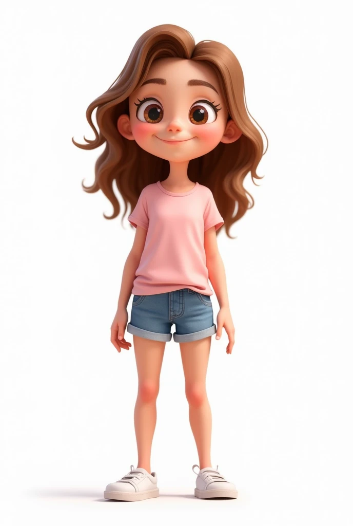 Elisa , skin fair, eyes browns, glad, with dimples in the cheeks, lilac blouse, shorts preto, White sneakers, pink kitty tiara, cabelo castanho claro longo com cachos nas pontas