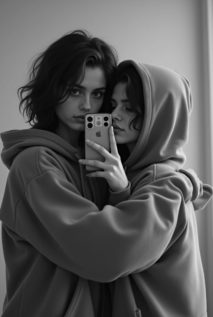 A guy and a girl, a guy holding a girl in his arms, holding her hips, he is wearing black pants and a black T-shirt, he has dark hair that is wavy. The girl is sitting in his arms, hugging him with one hand around his neck, she is wearing a gray hoodie and gray pants, with the other hand she is holding a phone and taking pictures of them both in the mirror, the girl's face and hair are not visible, since she has a hood from a gray hoodie on her head. In the background there are black walls and panoramic windows with a view from Moscow City to the city highway with many cars in the distance.