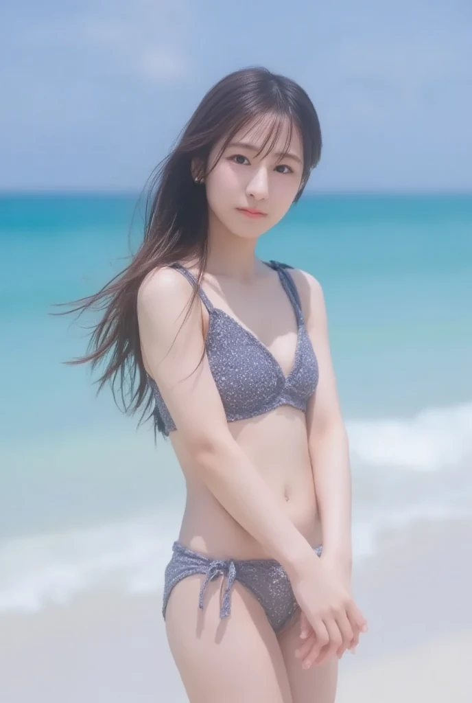 Create a close-up image of a cute Japanese woman with a seductive smile on the beach.。She is wearing a bikini、like々It emphasizes the beauty and charm of。Hair flows naturally、A little disturbed by the sea breeze、Adds a natural charm。The background is a softly blurred beach、I can see the sea and sky in the distance、The warm sunlight accentuates her features.。The makeup is subtle but perfect、Particular emphasis is placed on the eyes and lips to bring out her charm.。Confident、She has a slightly playful look on her face.、It exudes charm and vibrancy。The bikini fit her body perfectly.、Show off your curves but still enhance your natural beauty.。
